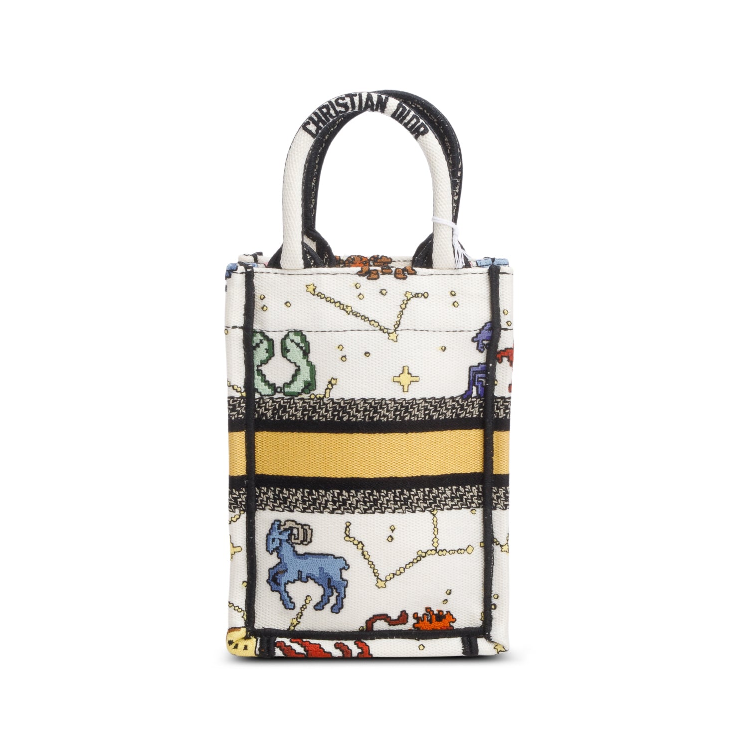 Christian Dior 2022 Cream Canvas Embroidered Pixel Zodiac Mini Book Tote Phone Bag w/ Strap & Box