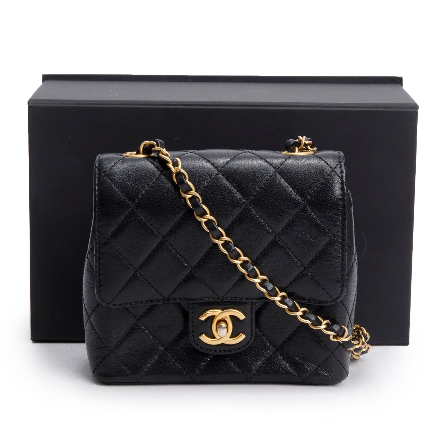 Chanel 2022 Black Goatskin Retro Classic Mini Square Flap Bag w/ Box & Receipt