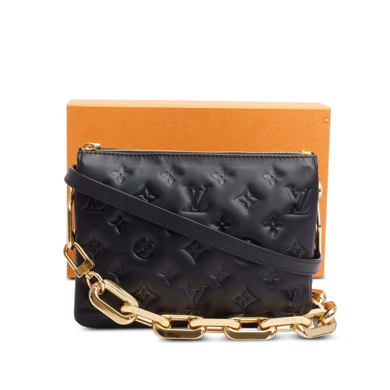 Louis Vuitton Black Lambskin Embossed Monogram Coussin BB w/ Box & Straps