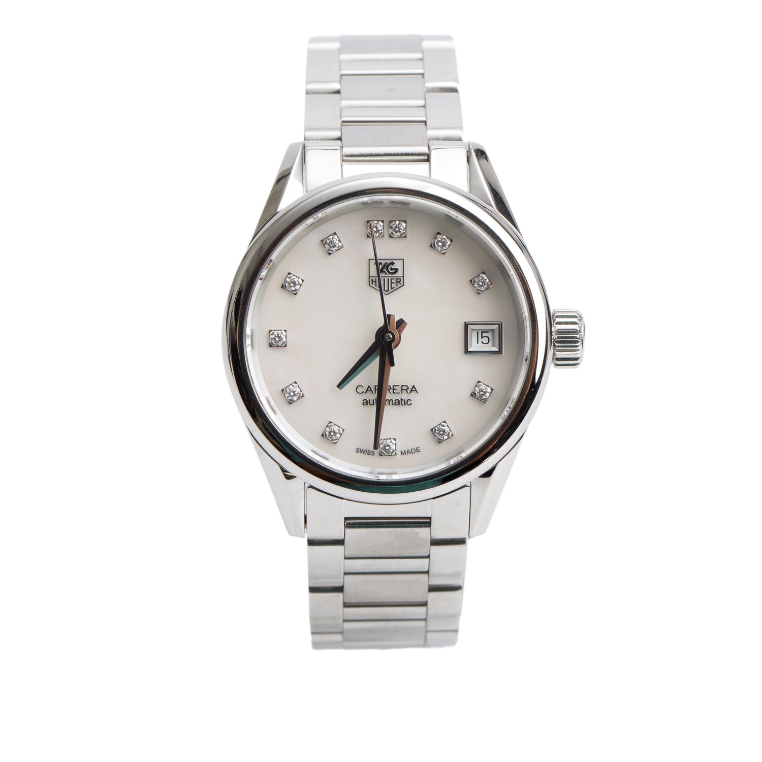 Tag Heuer Stainless Steel Mother of Pearl Diamond Dial Carrera 28 MM Automatic Watch WAR2414 w/ Papers