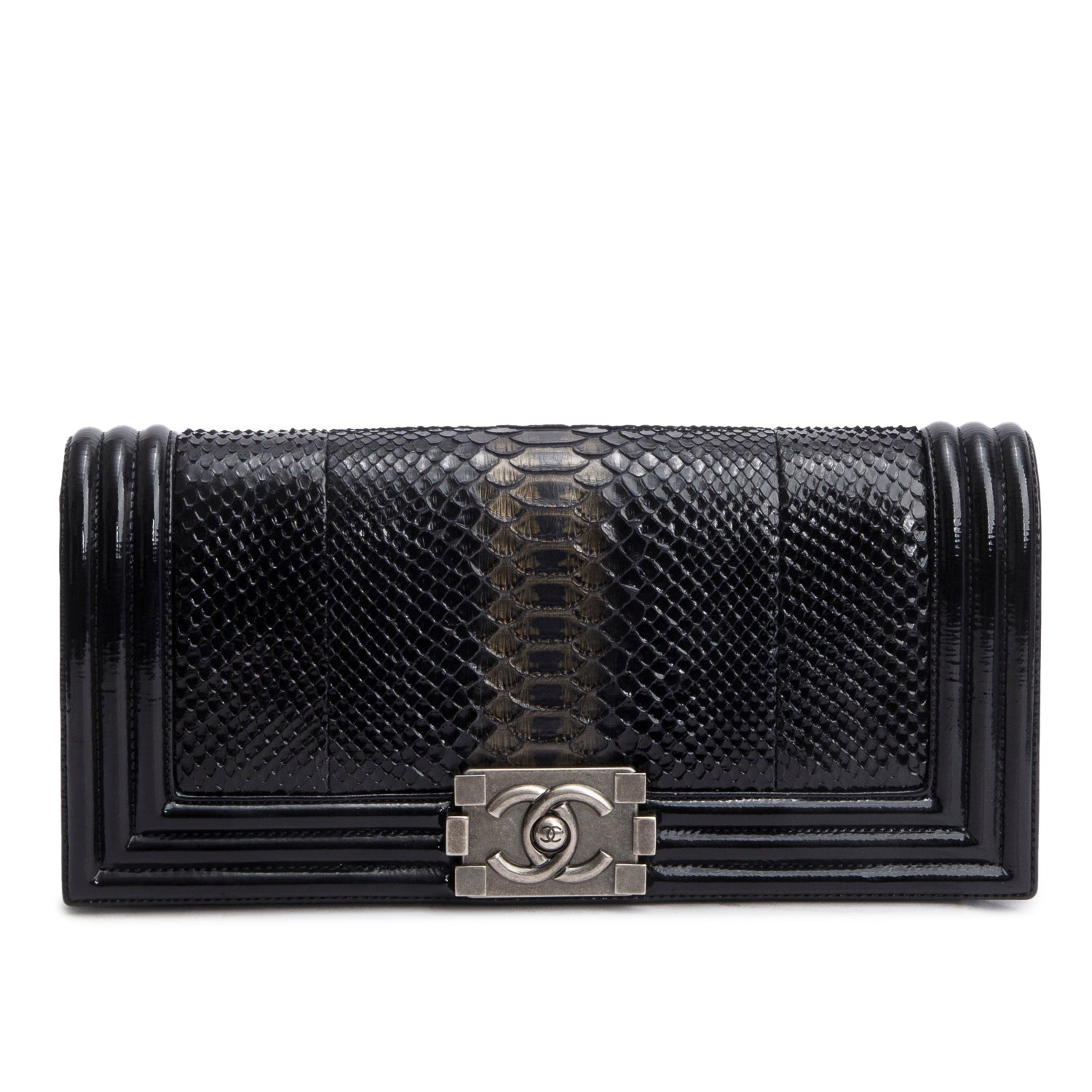 Chanel Black Python Patent Leather Boy Flap Clutch w/ Box & Authenticity Card