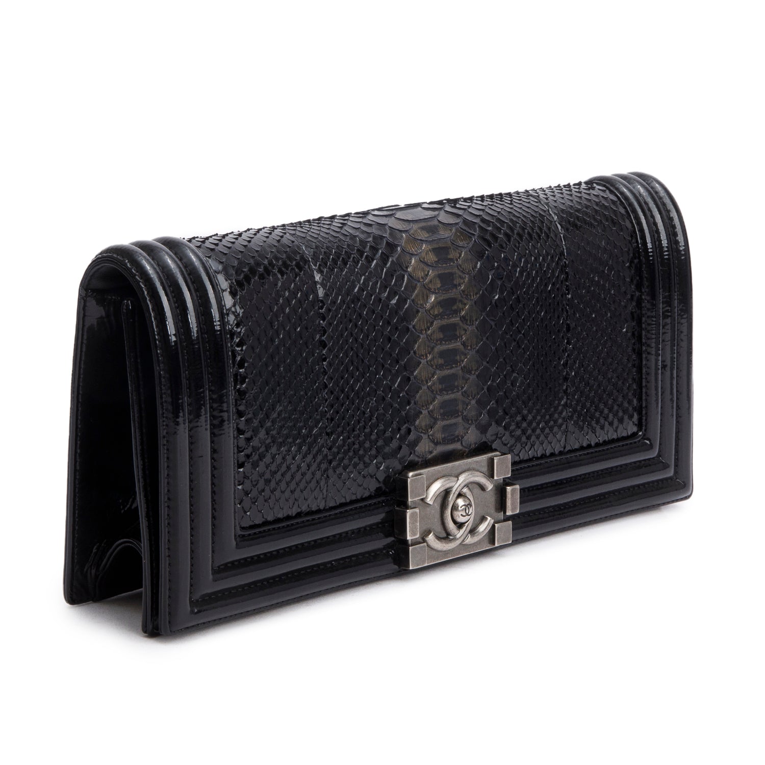 Chanel Black Python Patent Leather Boy Flap Clutch w/ Box & Authenticity Card
