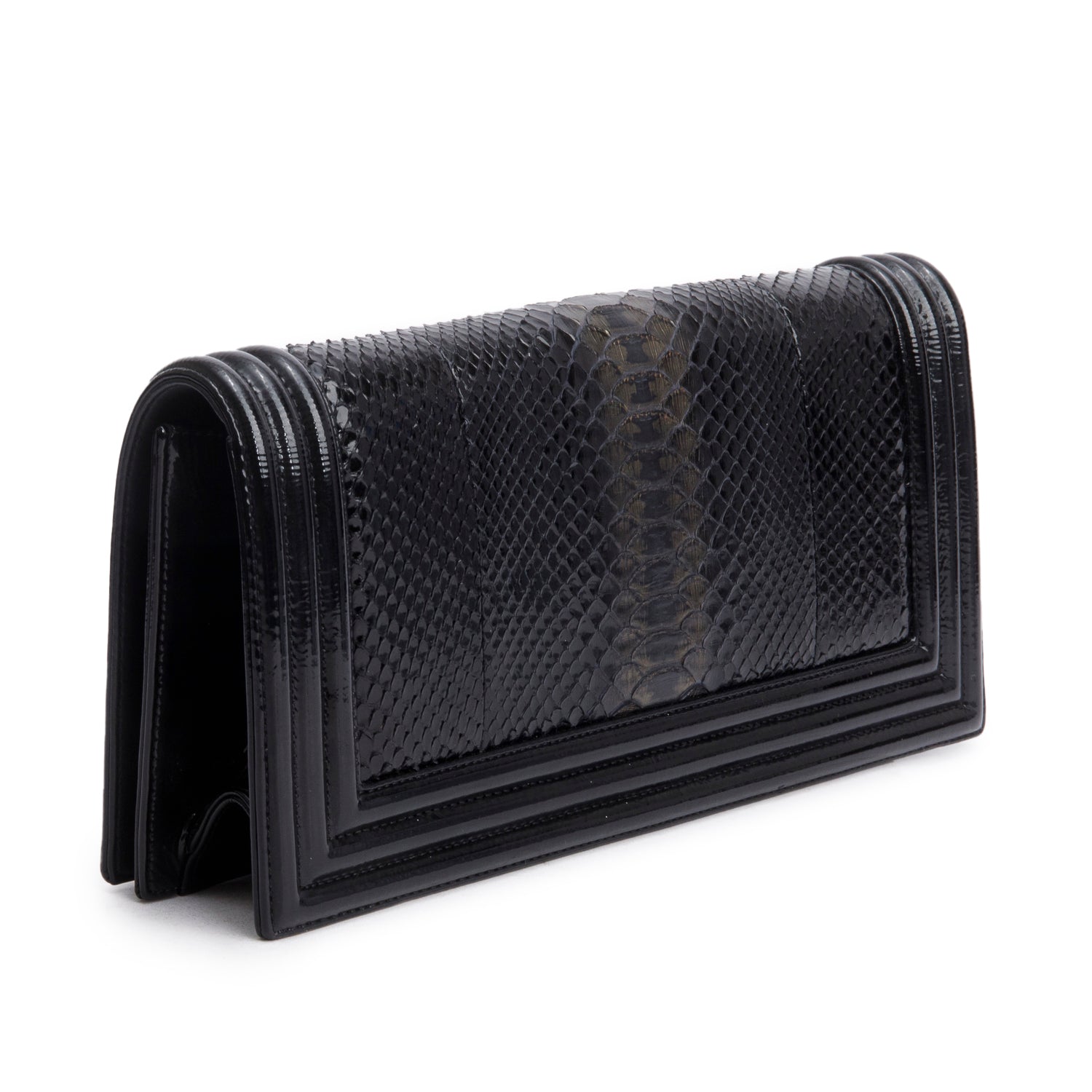 Chanel Black Python Patent Leather Boy Flap Clutch w/ Box & Authenticity Card