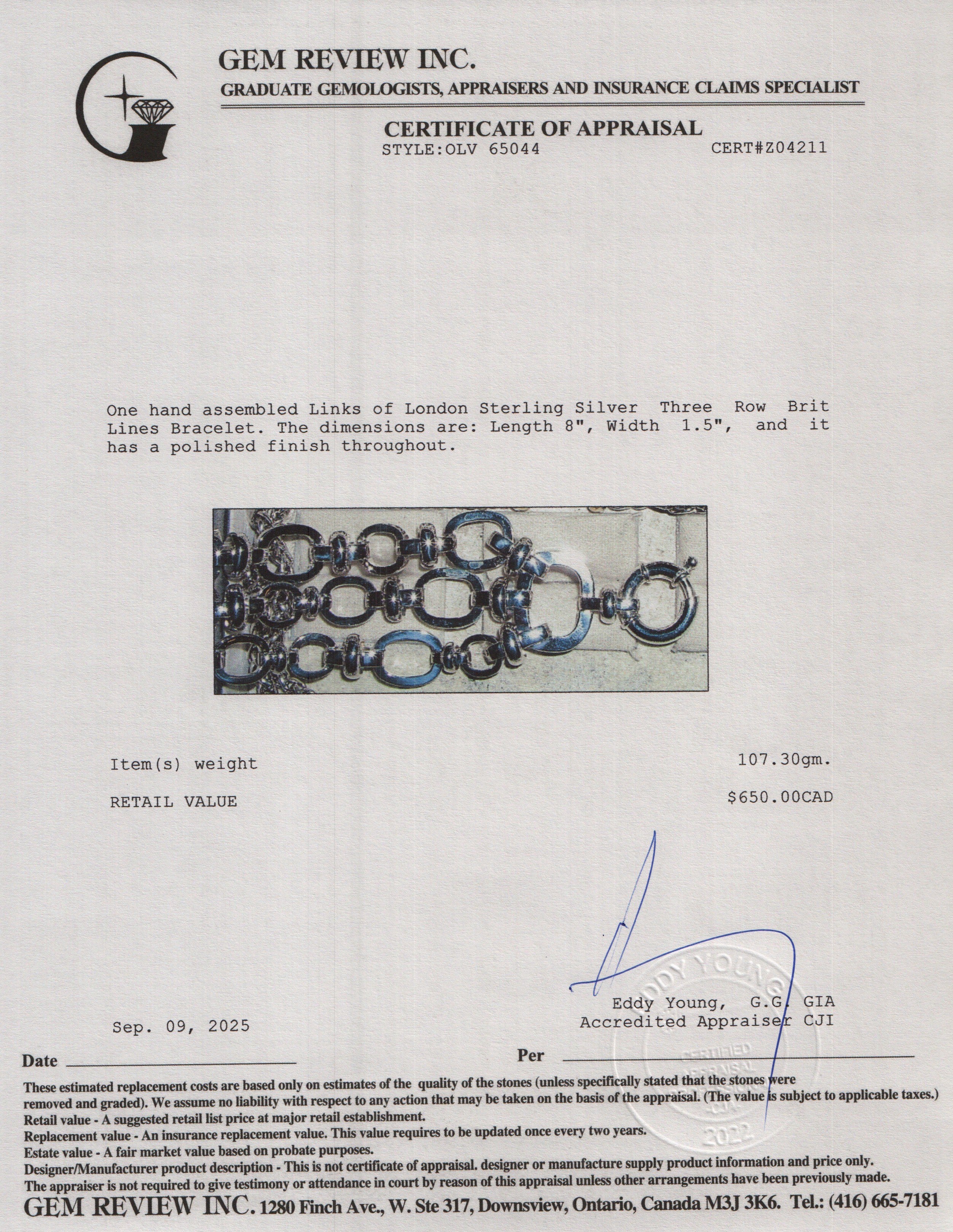 Links of London Sterling Silver Three Row Brit Lines Bracelet w/ Box