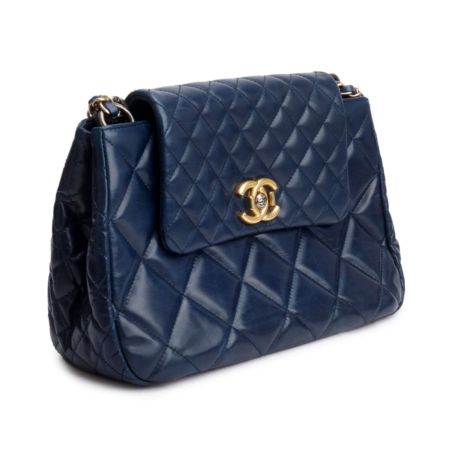 Chanel Navy Aged Calfskin Quilted Daily Walk Accordion Flap Shoulder Bag w/ Authenticity Card