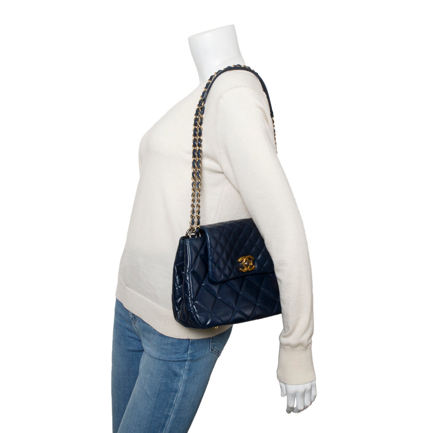 Chanel Navy Aged Calfskin Quilted Daily Walk Accordion Flap Shoulder Bag w/ Authenticity Card