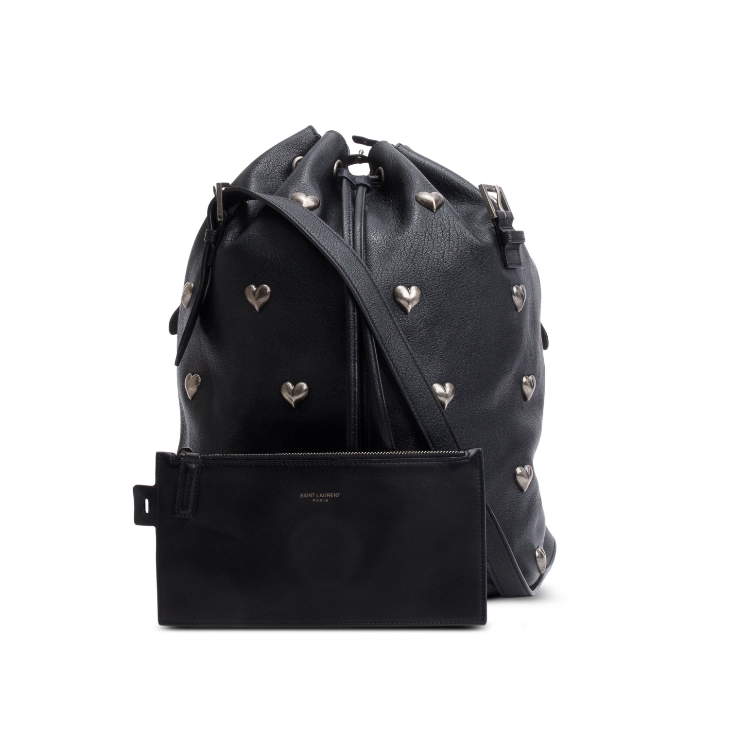 Saint Laurent 2022 Black Lambskin Heart Studded Riva Medium Bucket Bag w/ Pochette