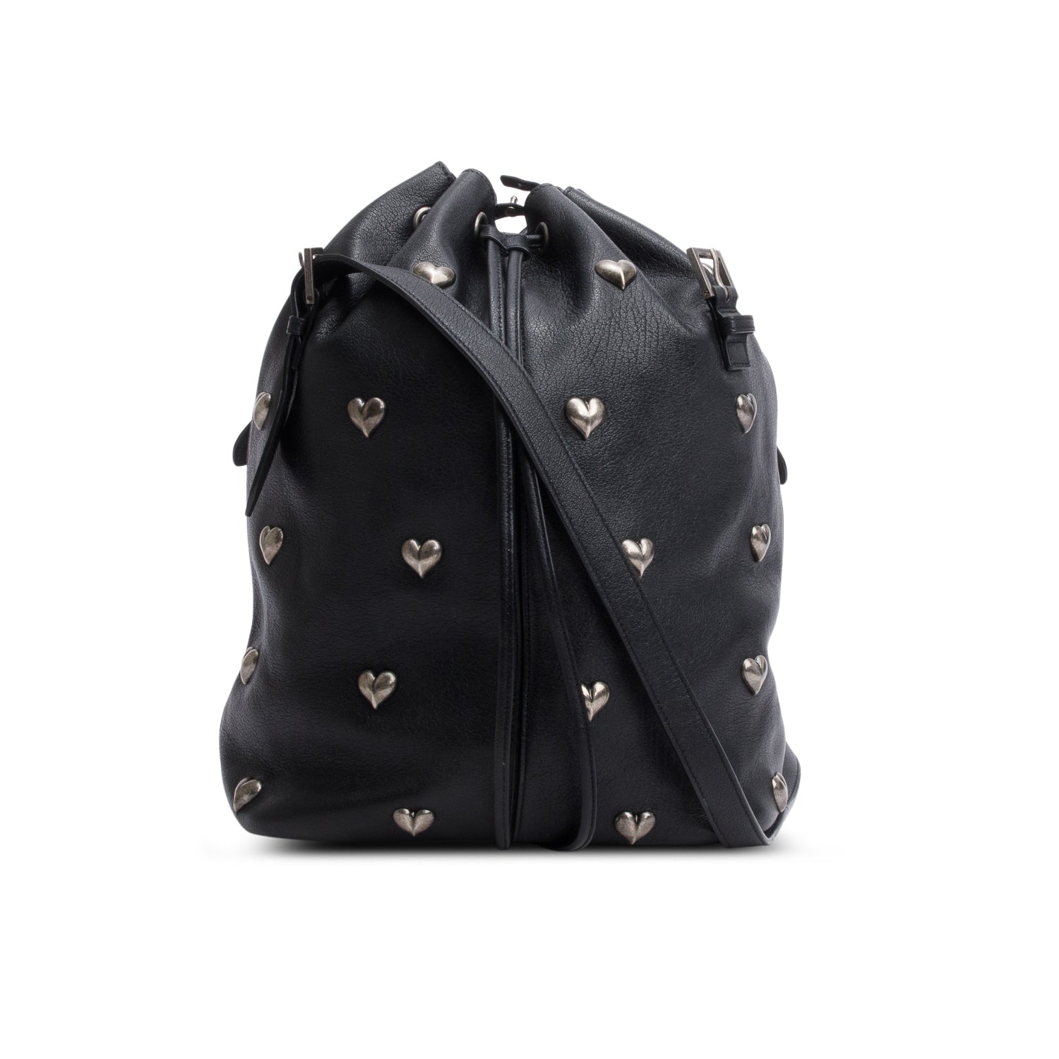 Saint Laurent 2022 Black Lambskin Heart Studded Riva Medium Bucket Bag w/ Pochette