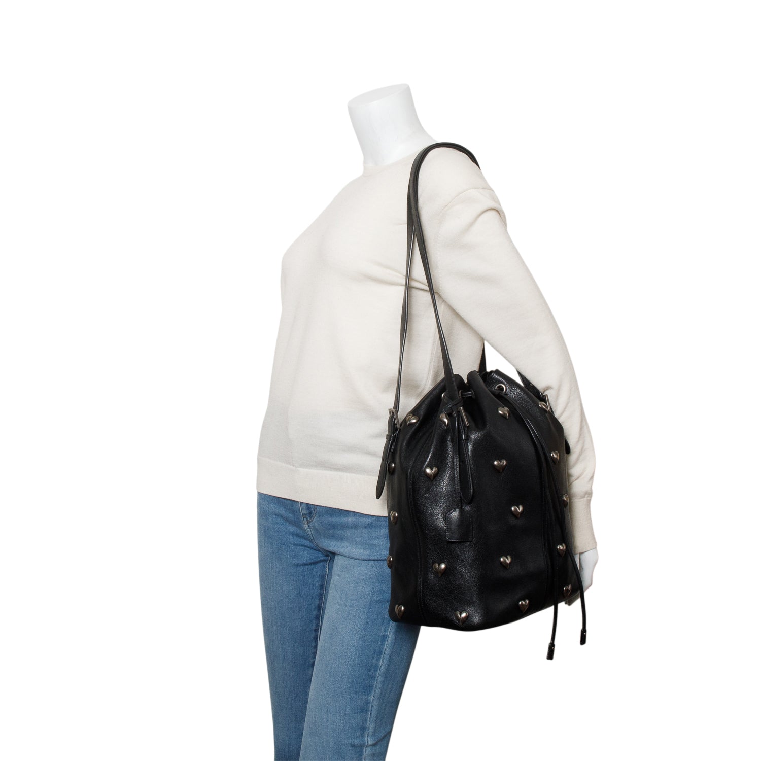 Saint Laurent 2022 Black Lambskin Heart Studded Riva Medium Bucket Bag w/ Pochette