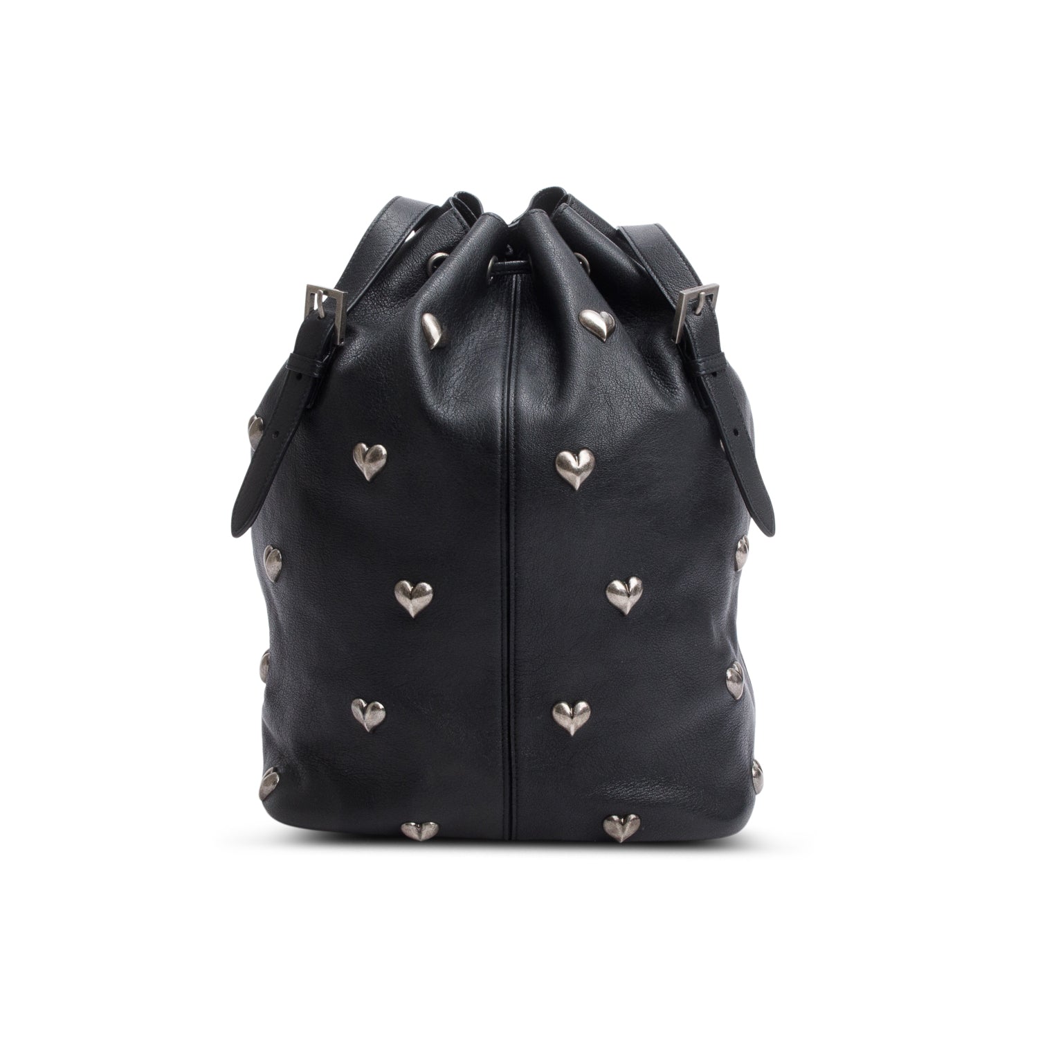 Saint Laurent 2022 Black Lambskin Heart Studded Riva Medium Bucket Bag w/ Pochette