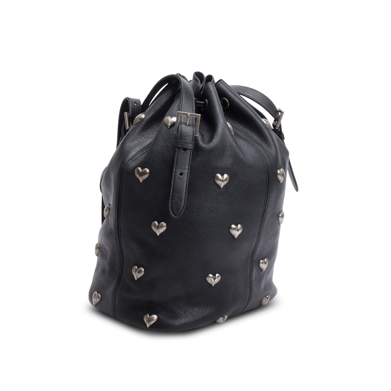 Saint Laurent 2022 Black Lambskin Heart Studded Riva Medium Bucket Bag w/ Pochette