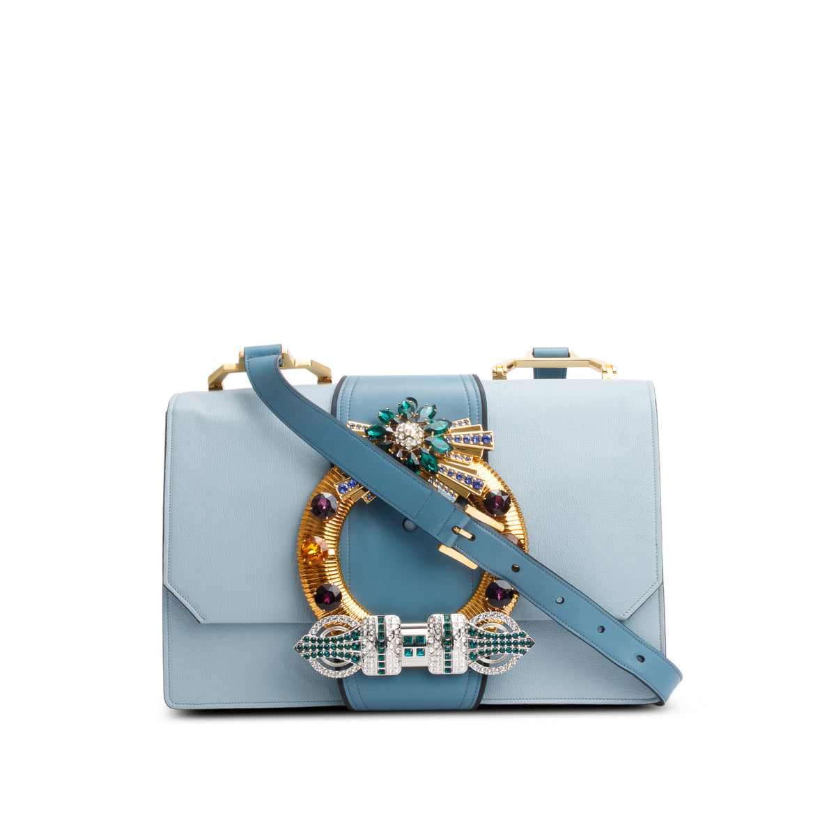 Miu Miu Blue Leather Lady Jewelled Madras XL Flap Bag – OLIVER'S
