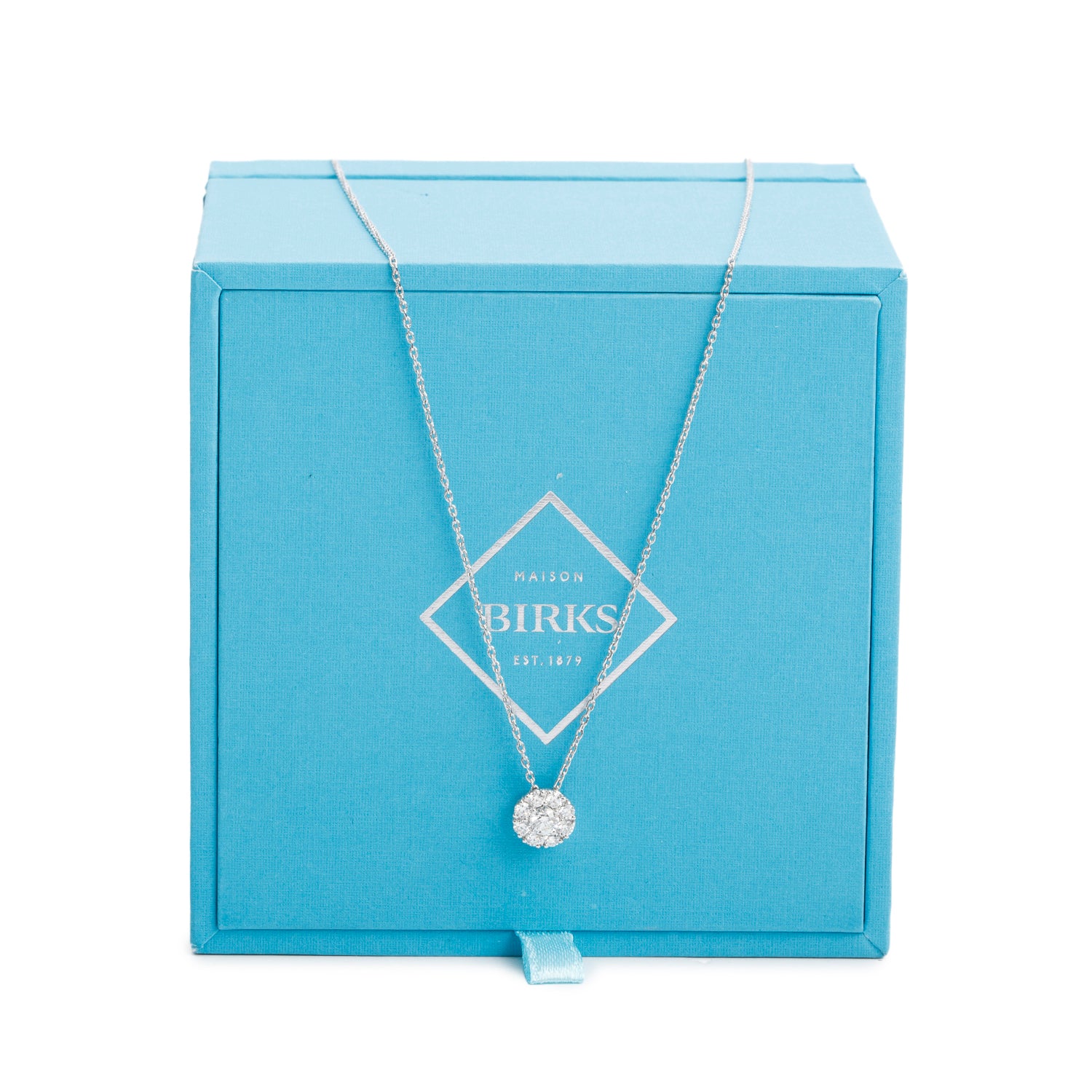 Birks 18k White Gold Diamond Cluster Pendant Necklace w/ Box