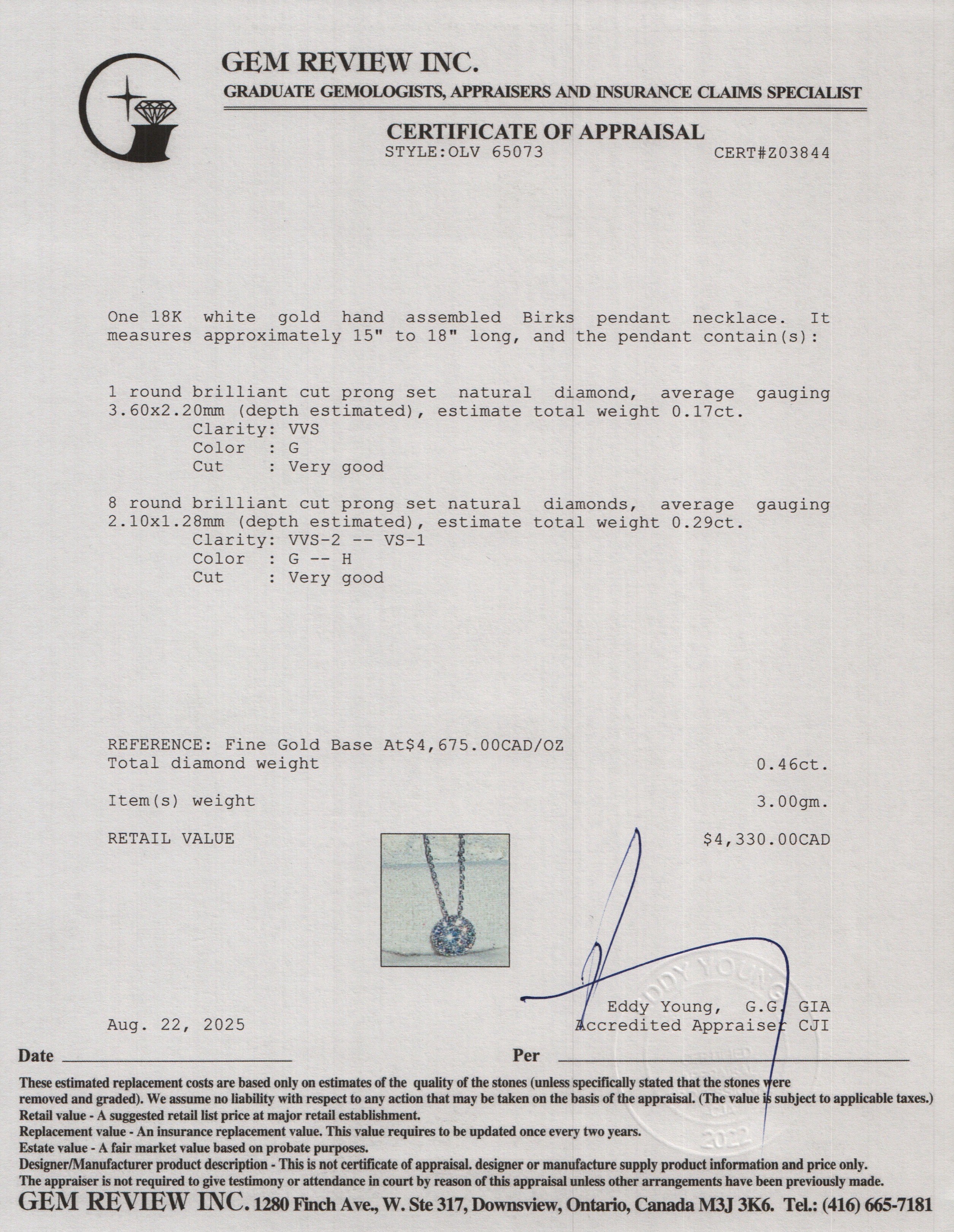 Birks 18k White Gold Diamond Cluster Pendant Necklace w/ Box