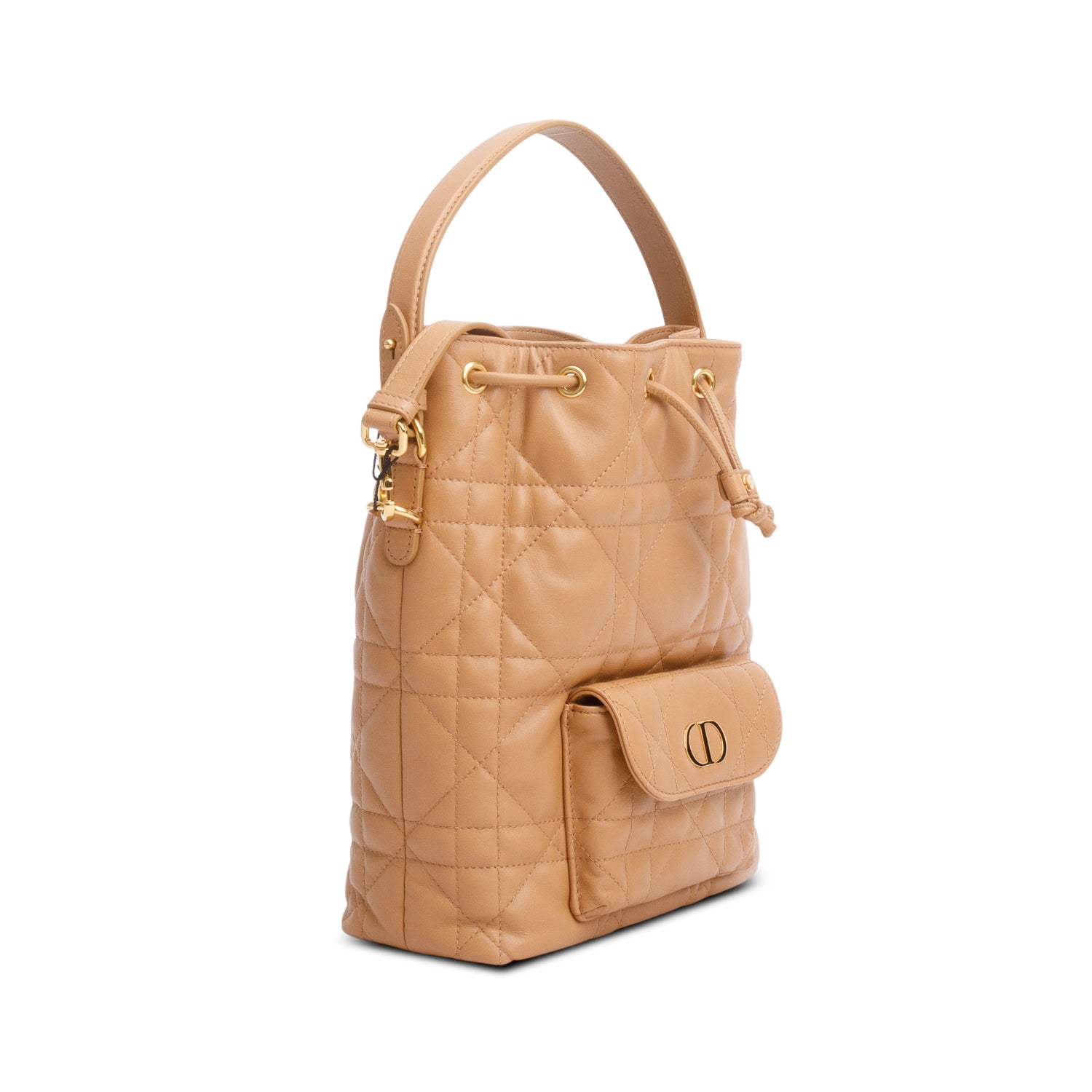 Christian Dior 2025 Brown Macrocannage Lambskin Small Caro Bucket Bag w/ Strap