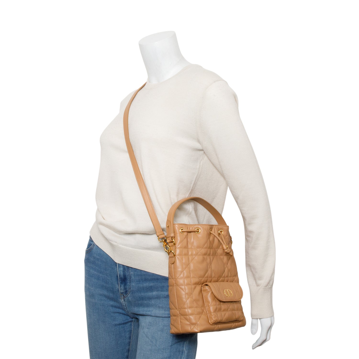 Christian Dior 2025 Brown Macrocannage Lambskin Small Caro Bucket Bag w/ Strap