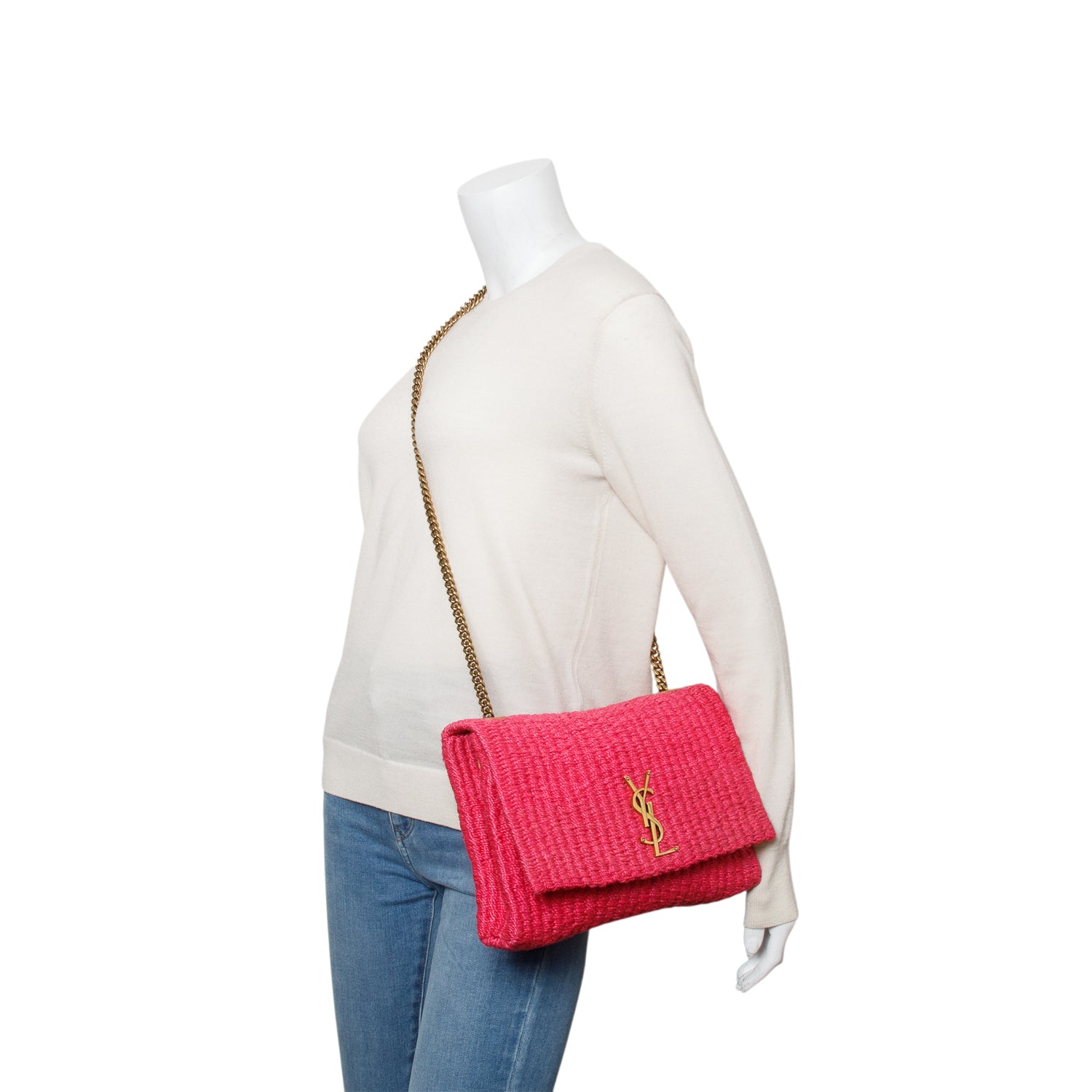 Saint Laurent 2023 Pink Raffia Medium Kate Chain Bag