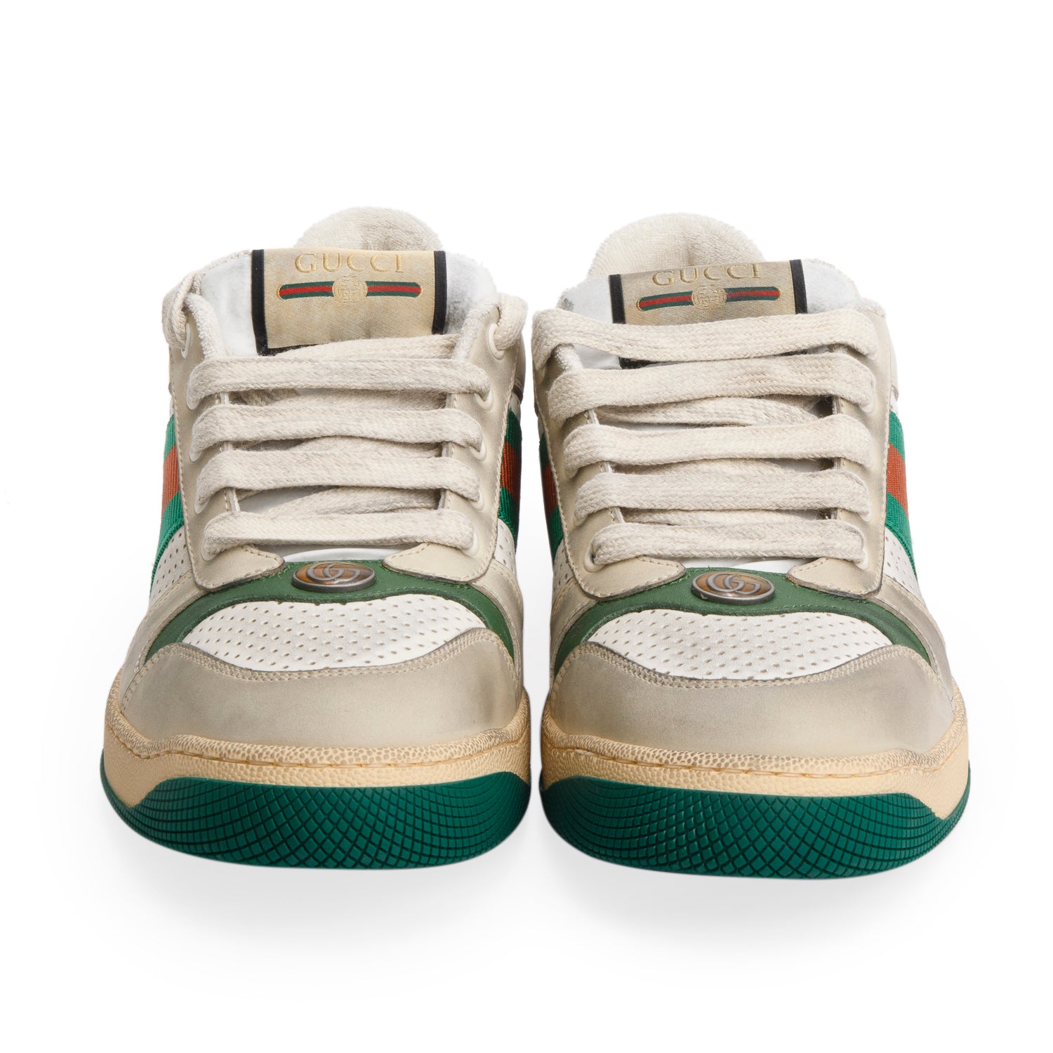 Gucci Beige, Green & White Leather Web Screener Sneakers, Men's Size 40.5 w/ Box