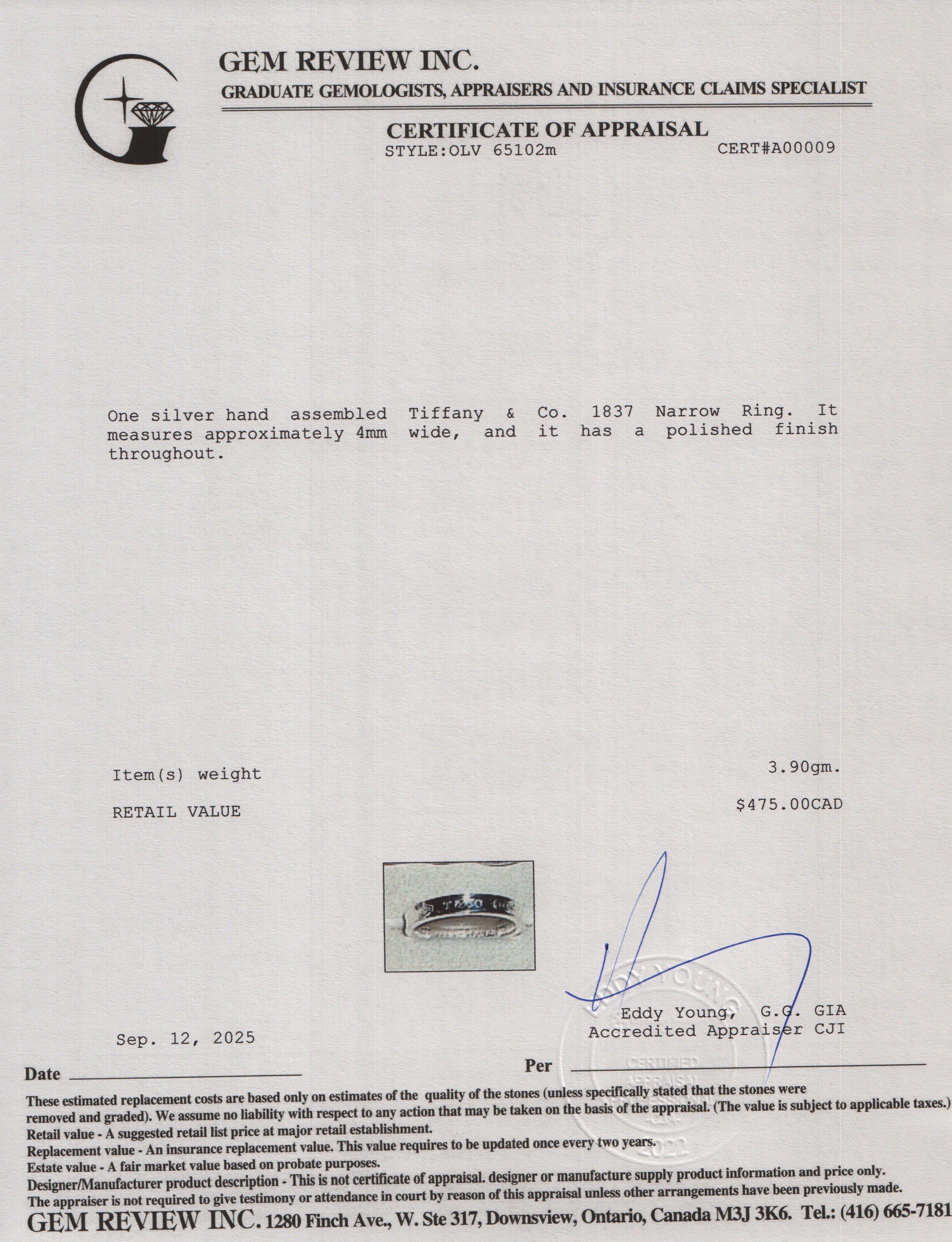 Tiffany & Co. Sterling Silver 1837 Narrow Ring, Size 6