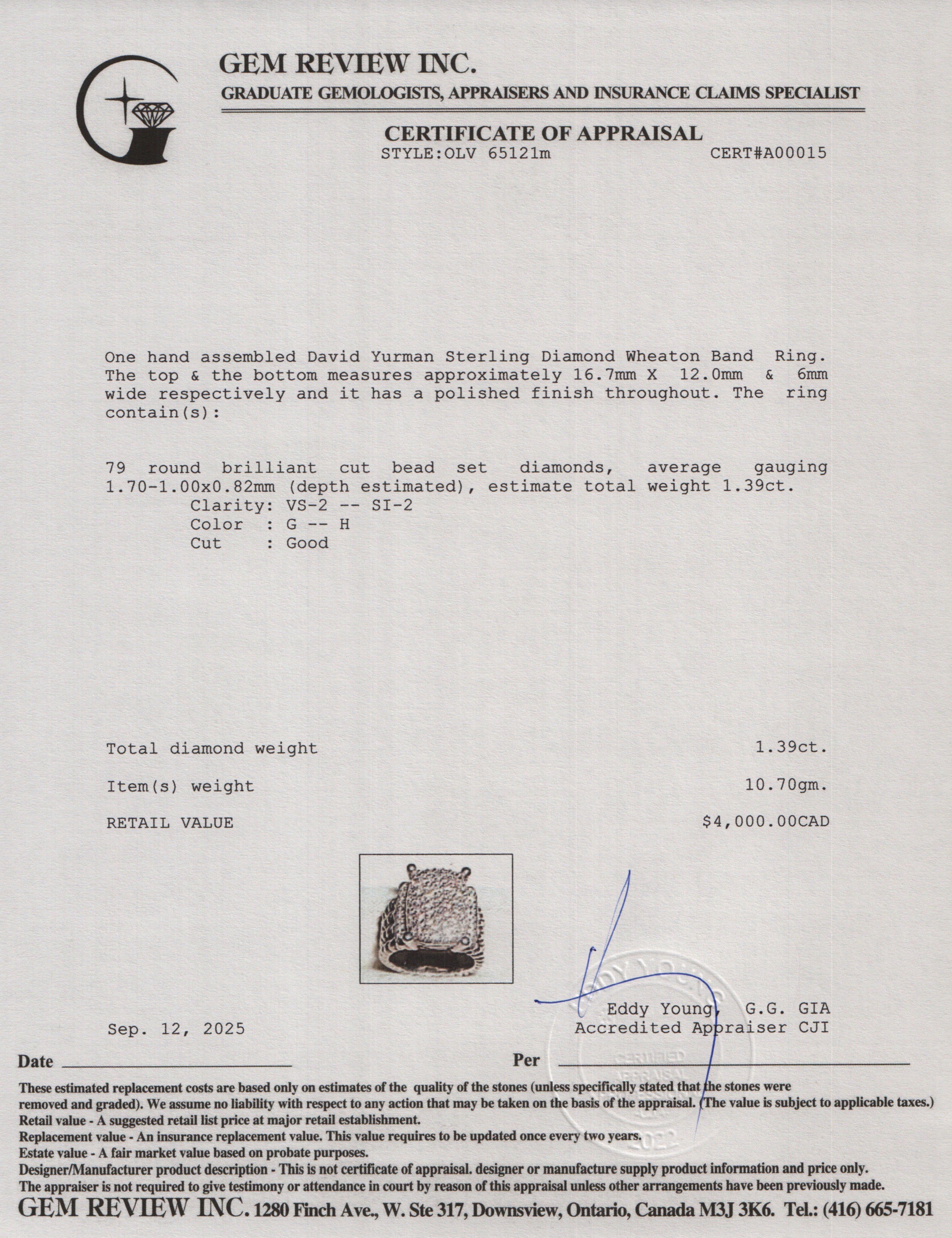 David Yurman Sterling Silver Diamond Wheaton Ring, 16.7 MM Size 6.75