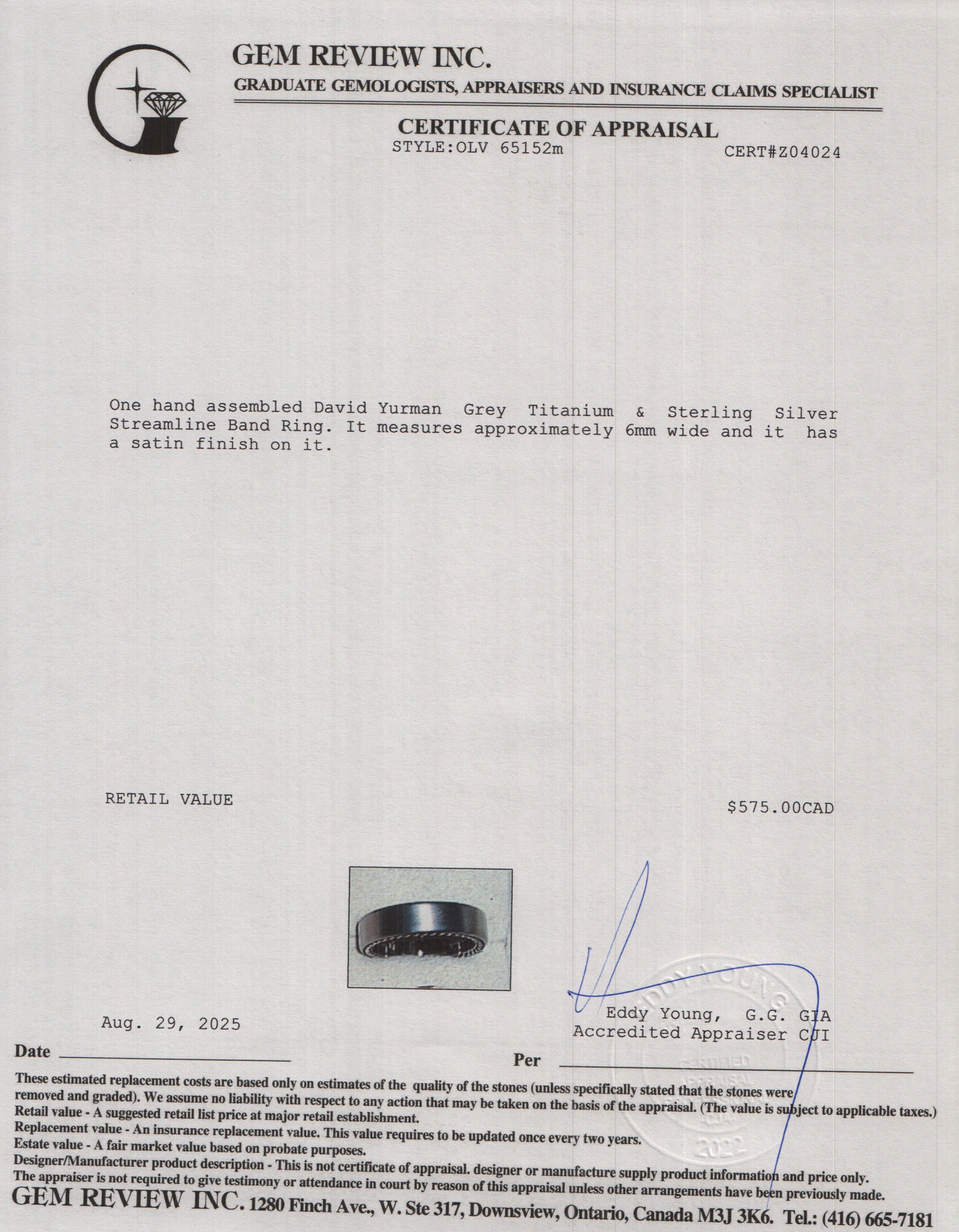 David Yurman Grey Titanium & Sterling Silver 6 MM Streamline Band Ring, Size 11