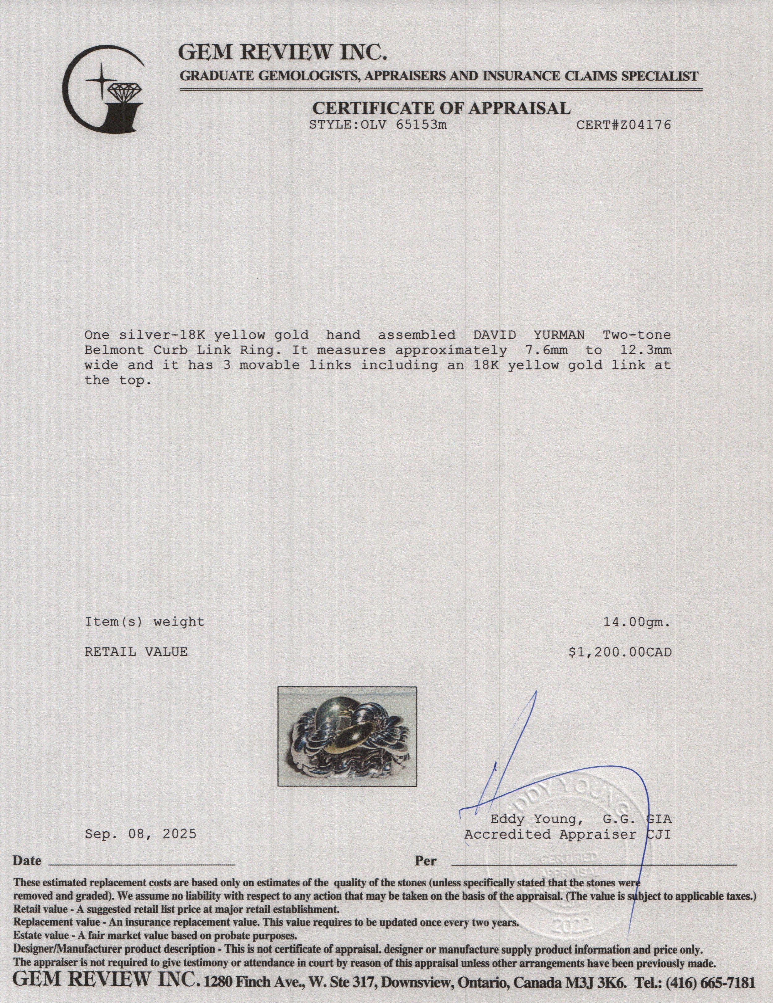 David Yurman Sterling Silver & 18k Yellow Gold Belmont Curb Link Ring, Size 6.5