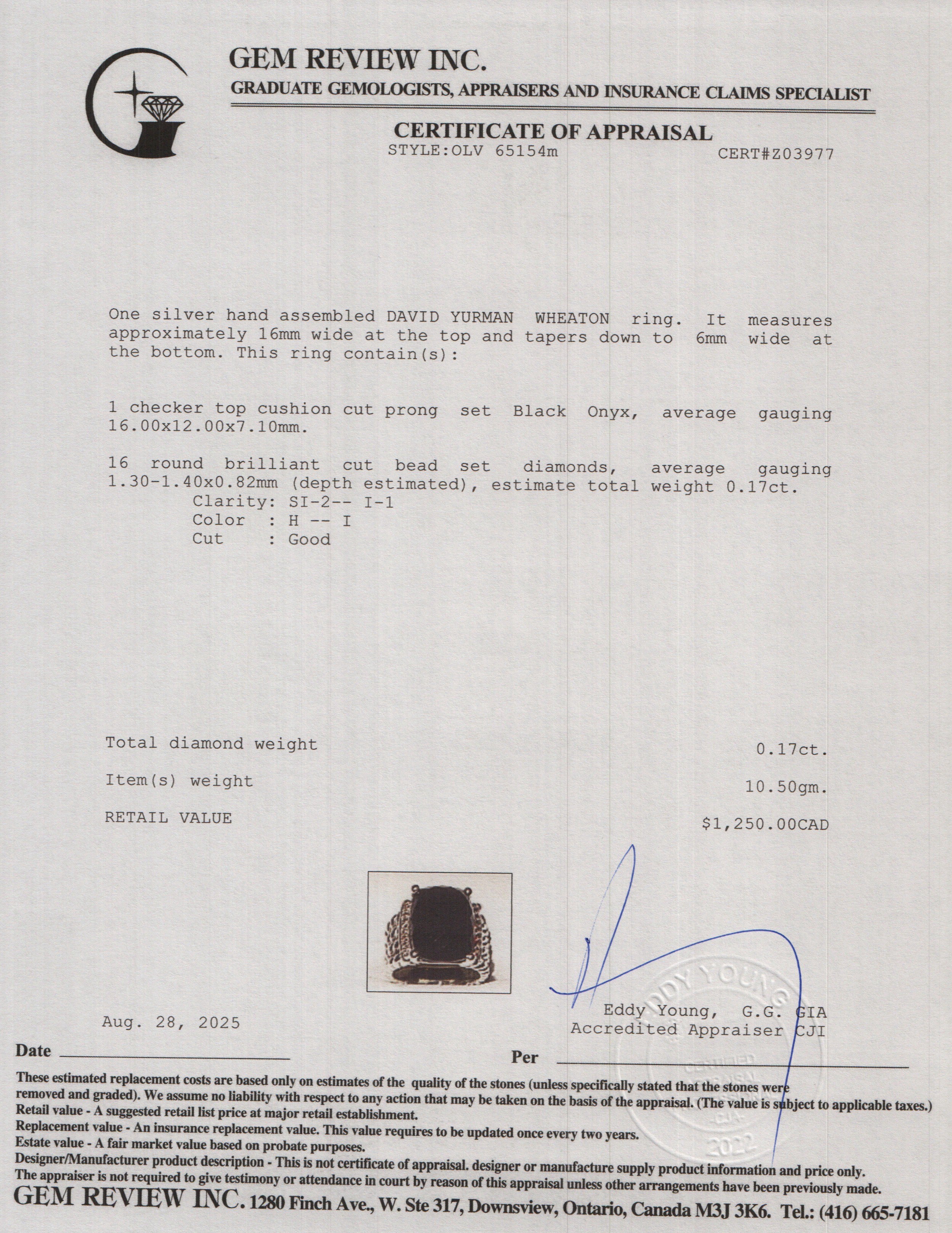 David Yurman Sterling Silver Onyx & Diamond Wheaton Ring, Size 5.75