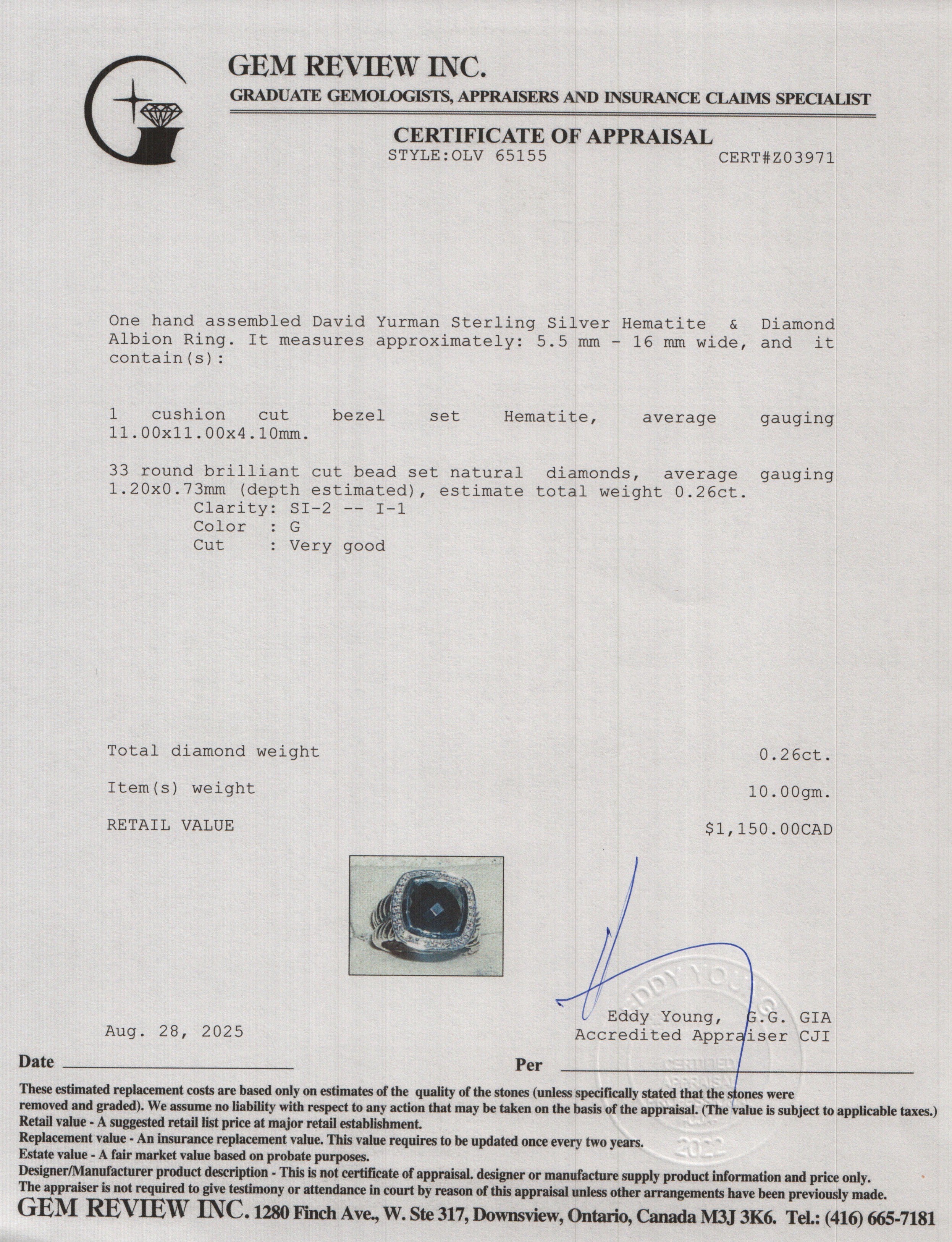 David Yurman Sterling Silver Hematite & Diamond Albion Ring, Size 7