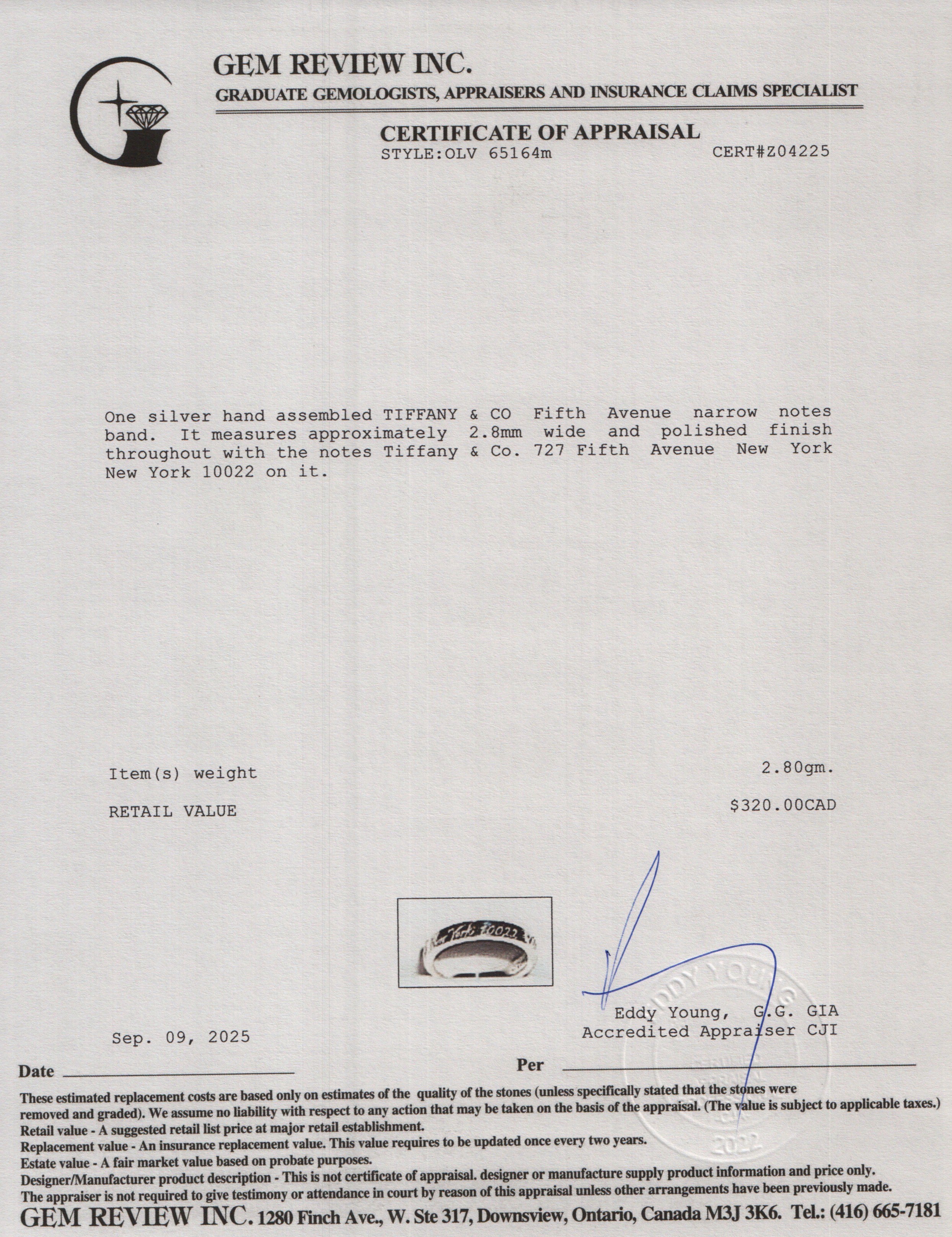 Tiffany & Co. Sterling Silver Notes Narrow Band Ring, Size 8.5