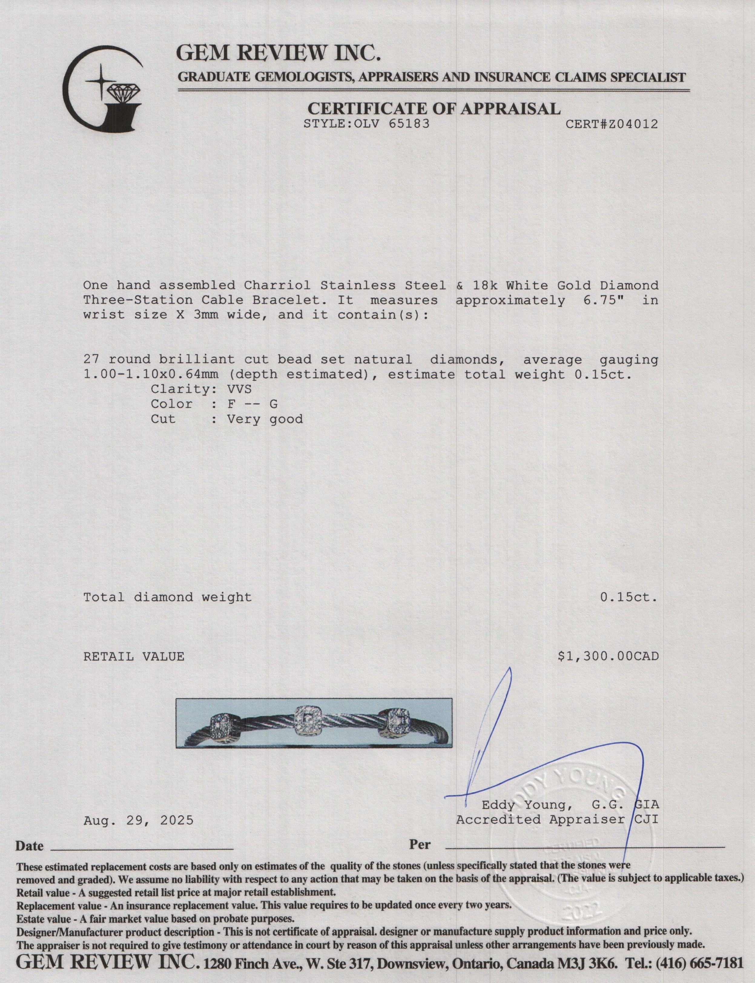 Charriol Stainless Steel & 18k White Gold Diamond Three-Station Cable Bracelet