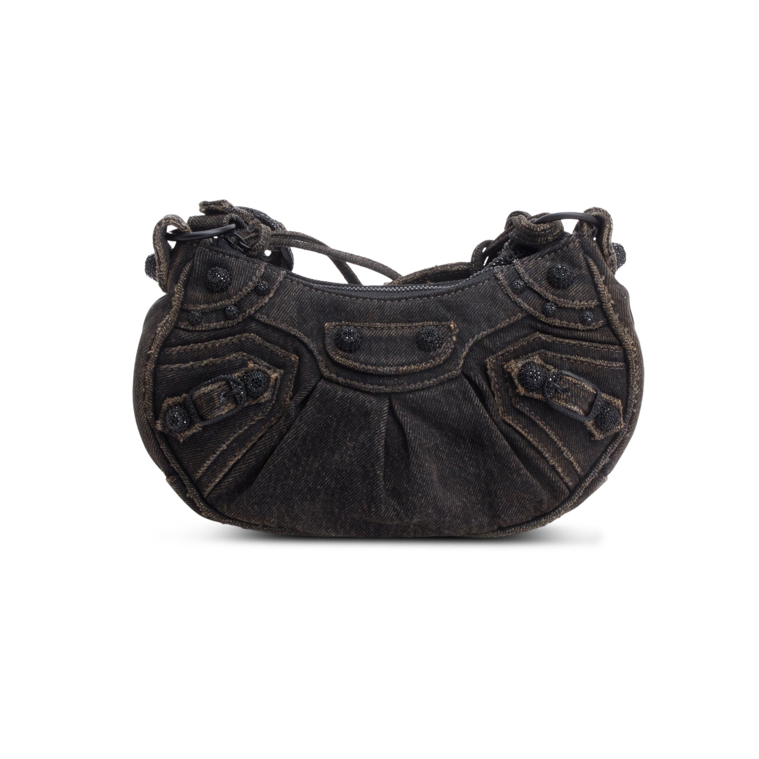 Balenciaga Black Washed Frayed Denim Crystal Le Cagole XS