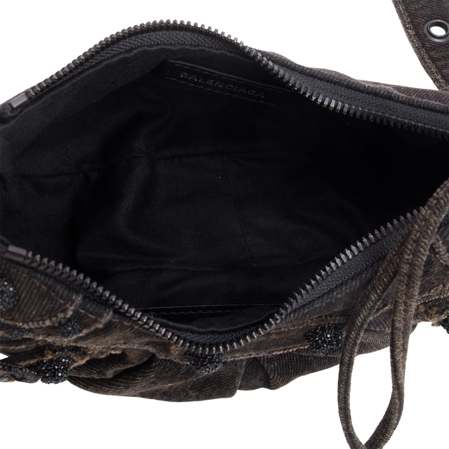 Balenciaga Black Washed Frayed Denim Crystal Le Cagole XS