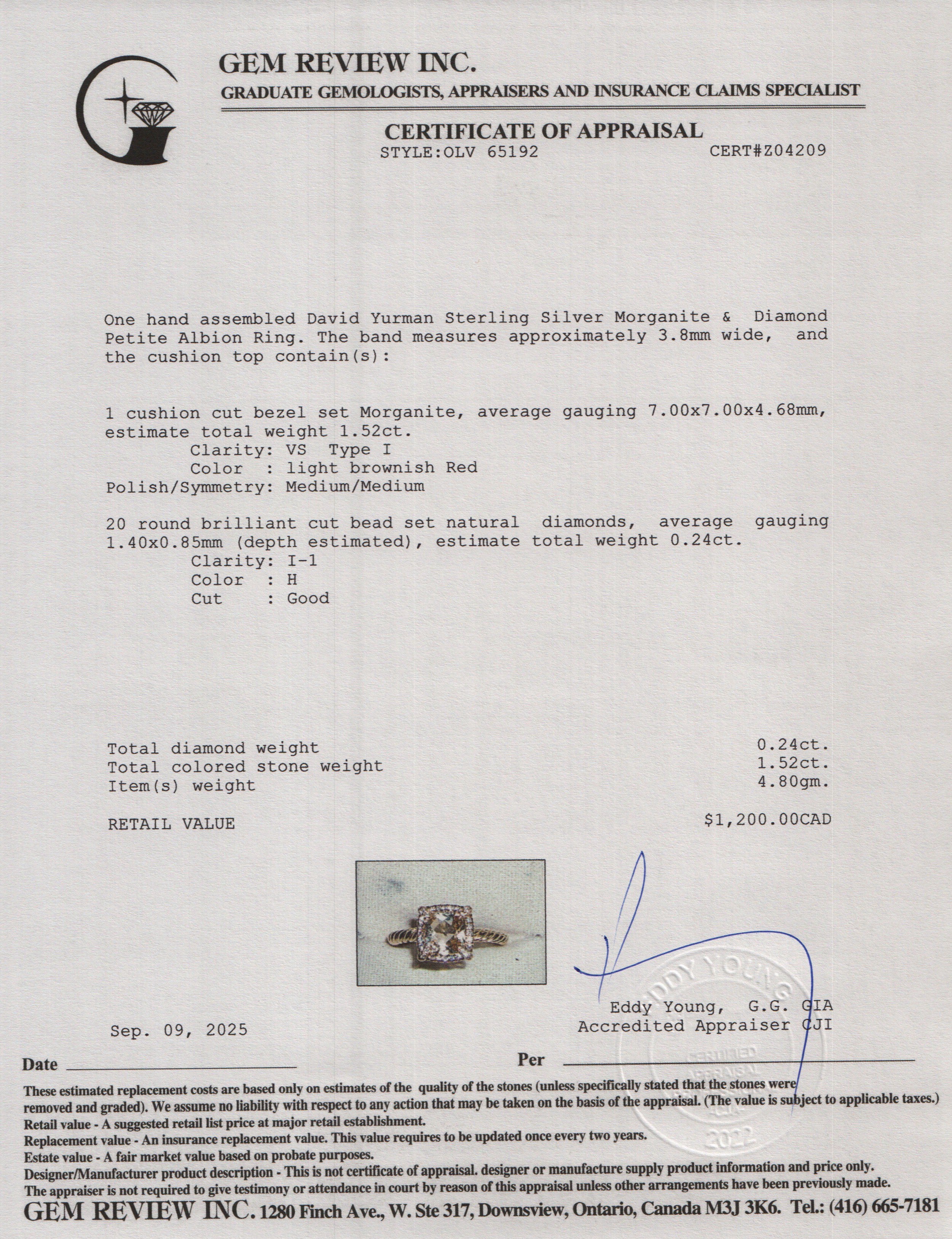 David Yurman Sterling Silver Morganite & Diamond Petite Albion Ring, Size 5.25