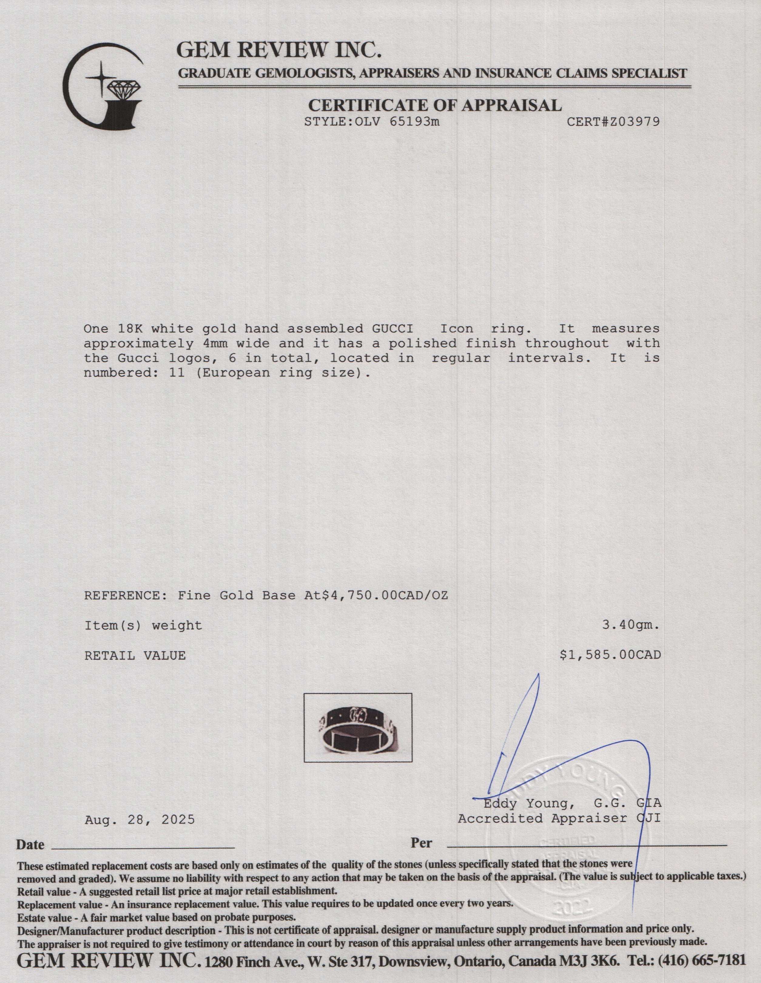 Gucci 18k White Gold Icon 4 MM Band Ring, Size 11 5.75 w/ Box