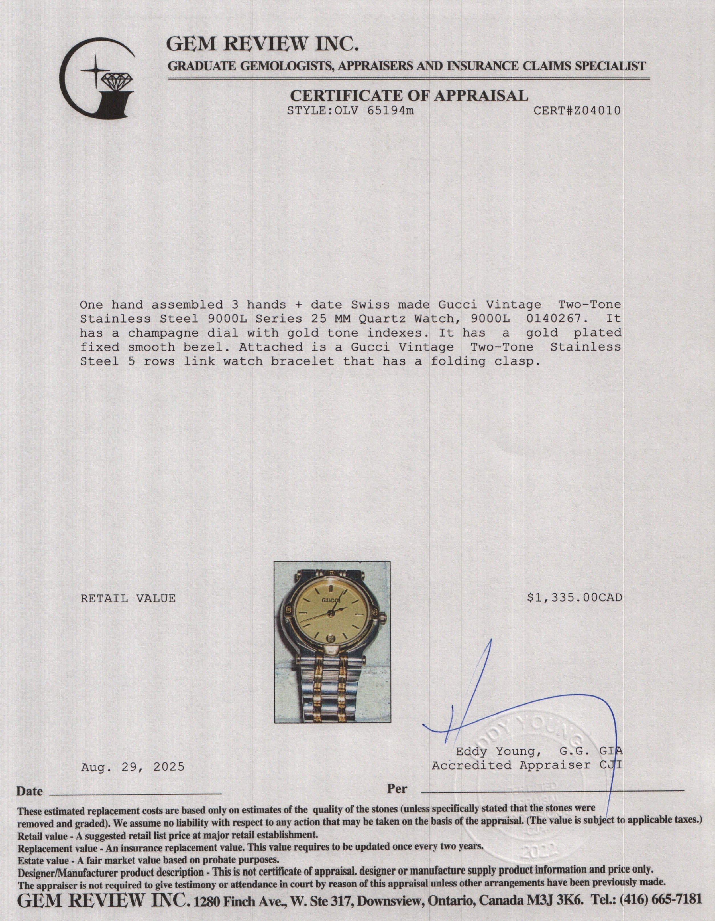 Gucci Vintage Two-Tone Stainless Steel 9000L Series 25 MM Quartz Watch Gold Dial w/ Box