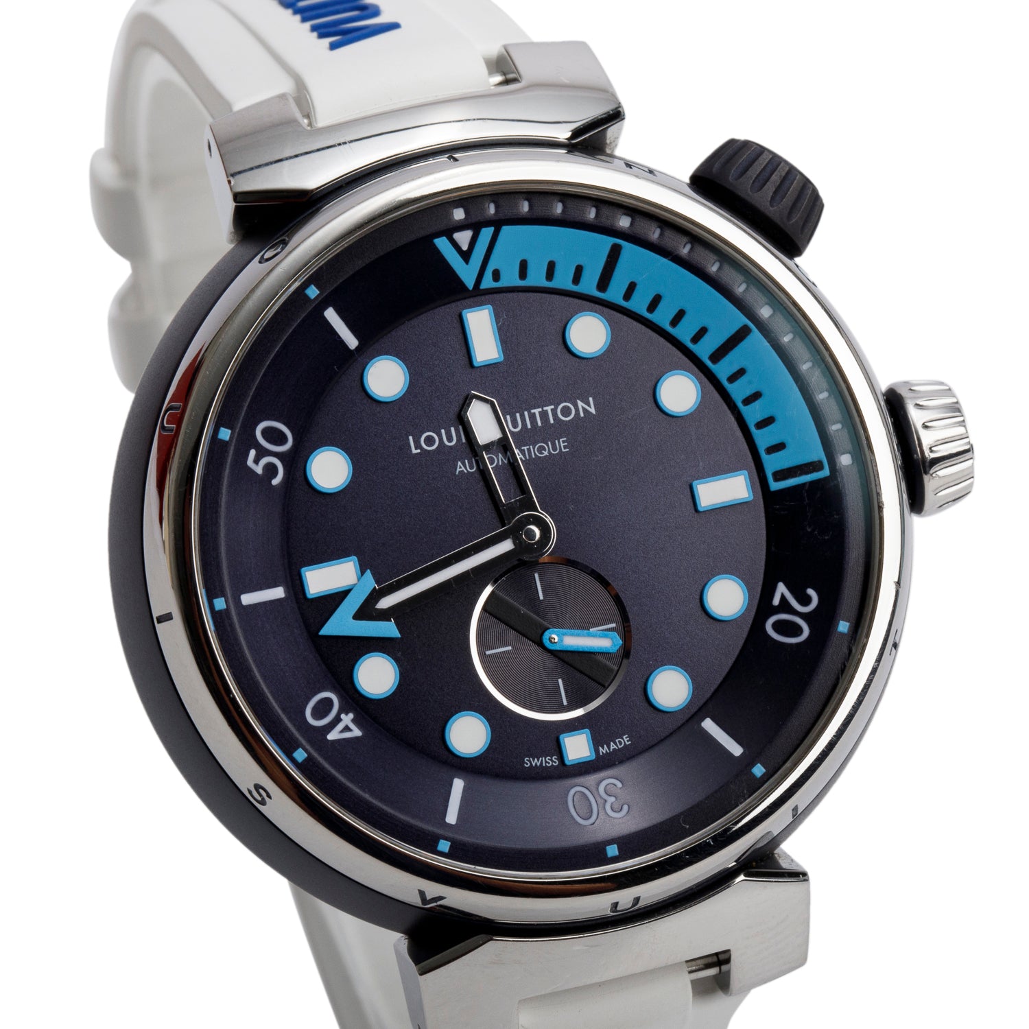 Louis Vuitton Stainless Steel & Blue PVD Tambour Street Diver 44 MM Automatic Watch QA121 w/ Box & Papers