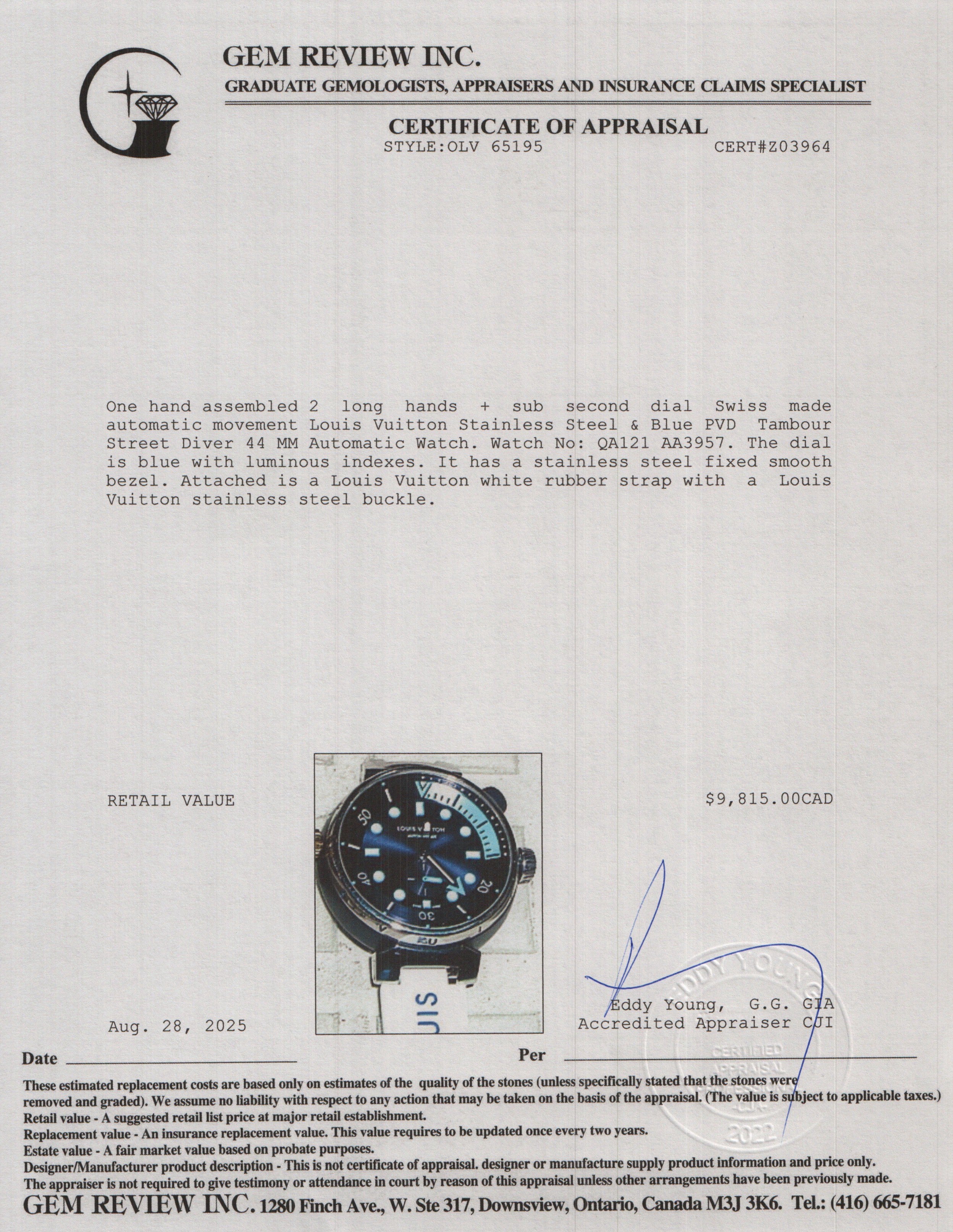 Louis Vuitton Stainless Steel & Blue PVD Tambour Street Diver 44 MM Automatic Watch QA121 w/ Box & Papers