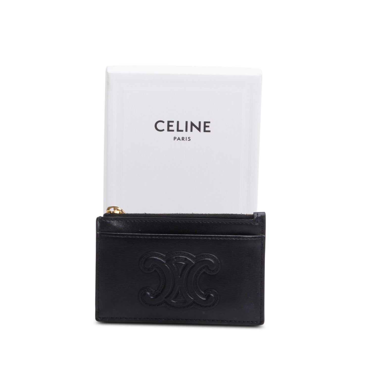 Celine 2023 Black Smooth Lambskin Triomphe Zipped Card Holder w/ Box