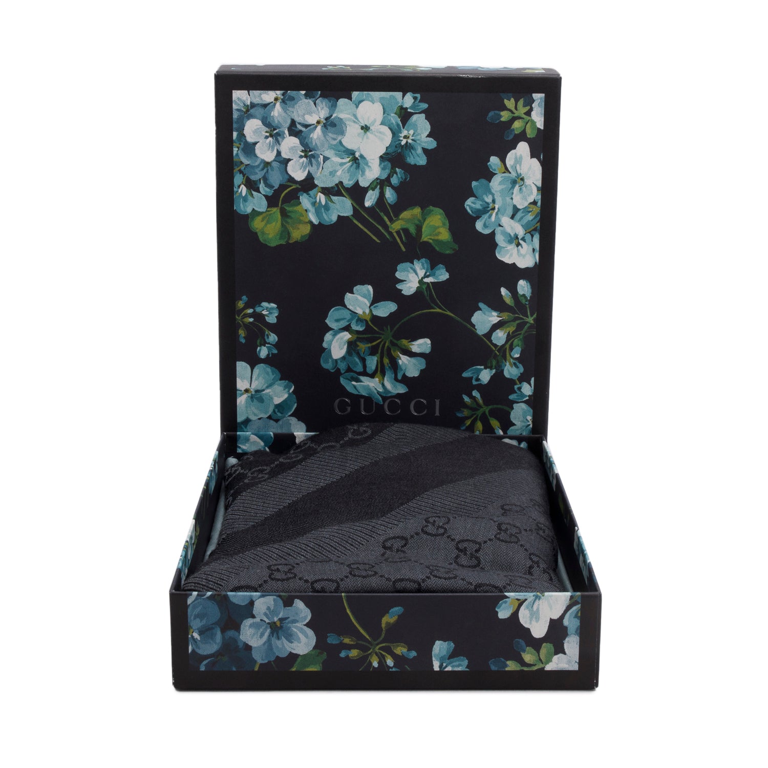 Gucci Black/Grey GG Jacquard Wool Silk Shawl Scarf w/ Box