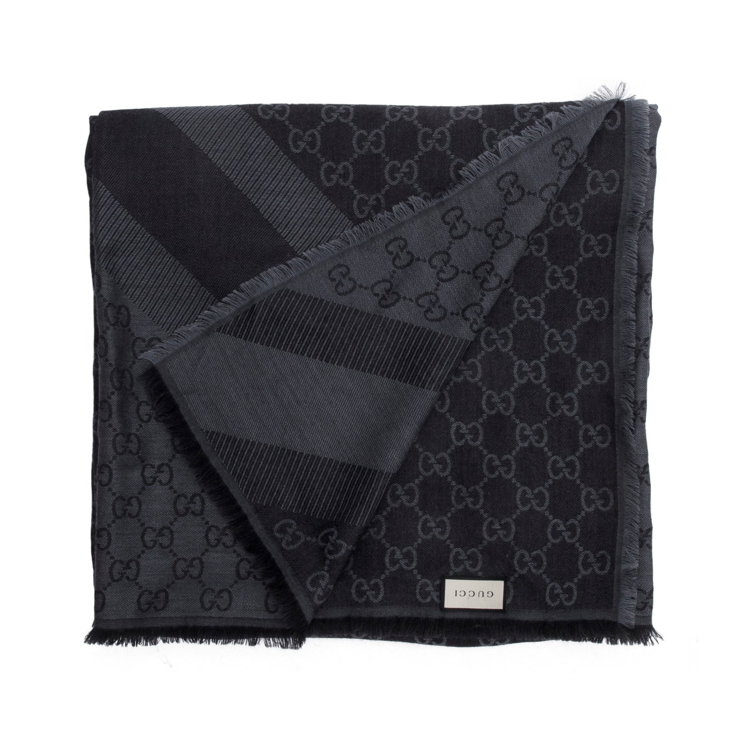 Gucci Black/Grey GG Jacquard Wool Silk Shawl Scarf w/ Box