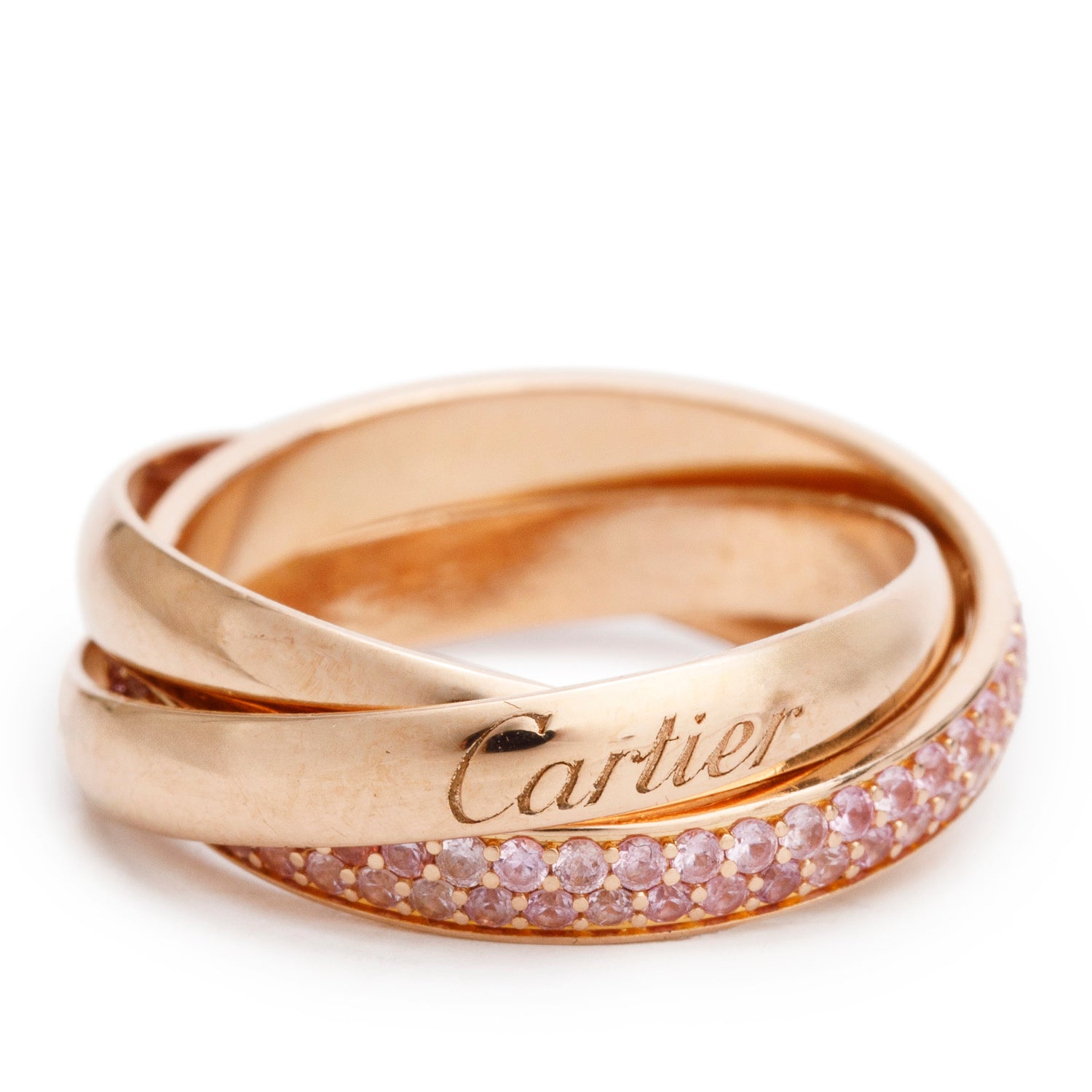 Cartier 18k Rose Gold Pink Sapphire Trinity Rolling Ring, Size 5.25 w/ Box