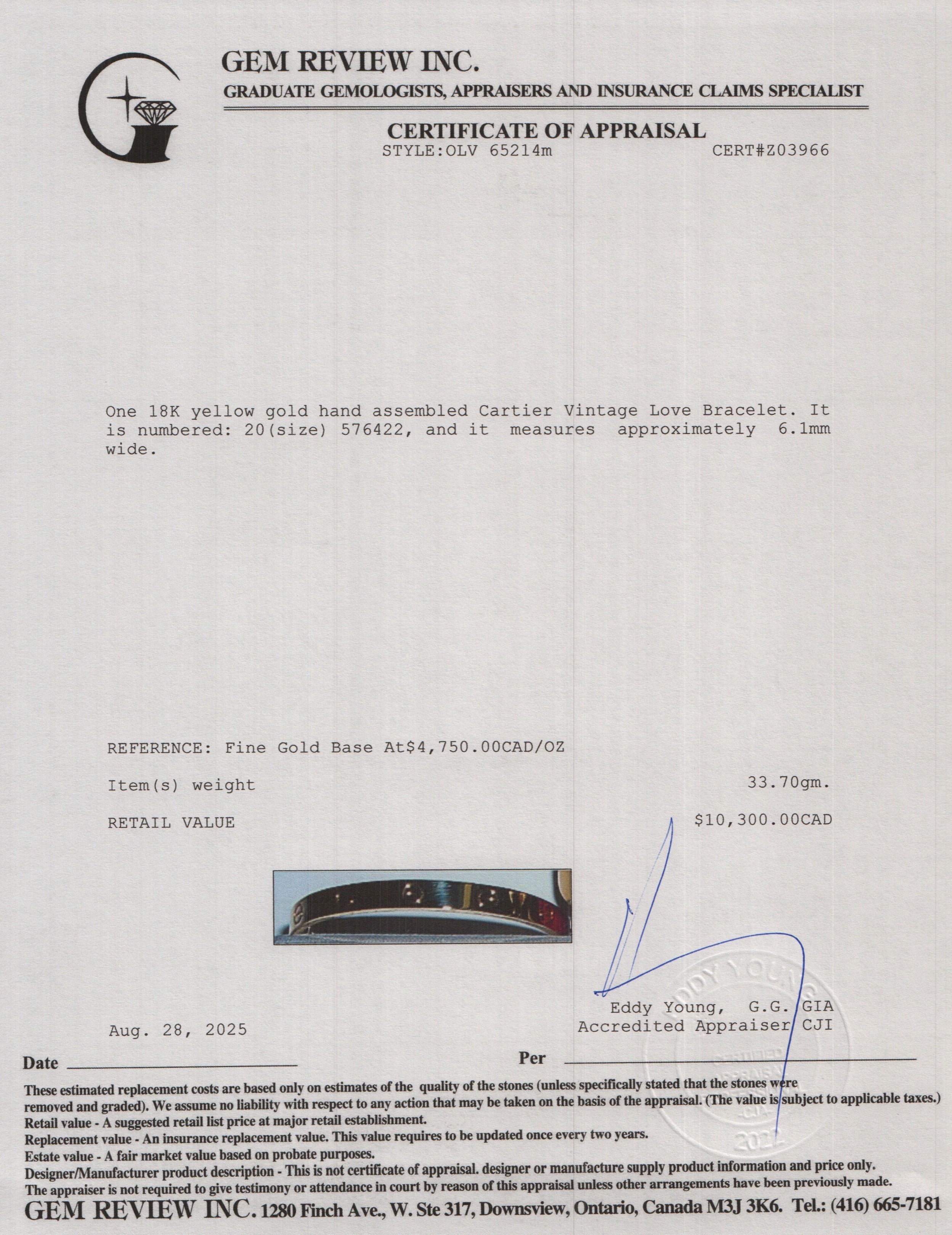 Cartier Vintage 18k Yellow Gold Love Bracelet, Classic Model, Size 20 w/ Service Papers