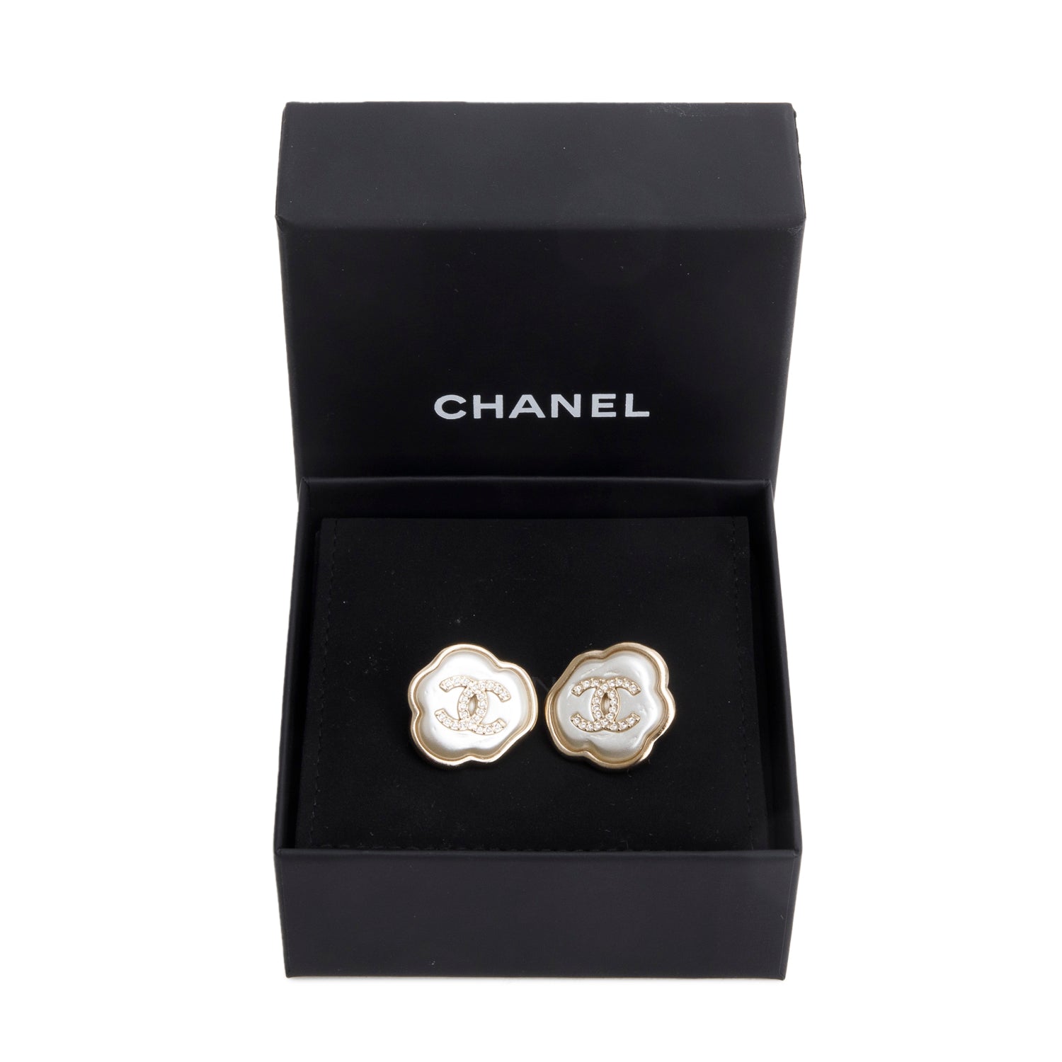 Chanel 2025 Gold-Plated Faux Pearl & Strass CC Stud Earrings w/ Box