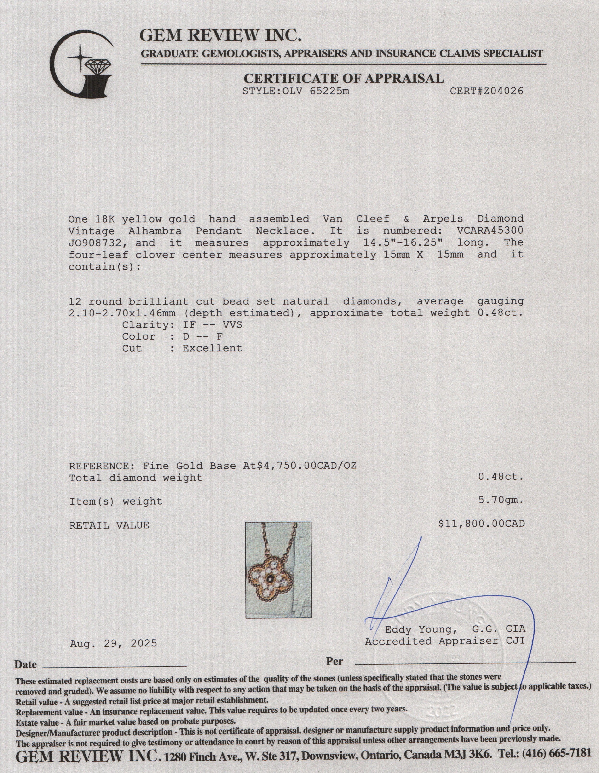 Van Cleef & Arpels 2025 18k Yellow Gold Diamond Vintage Alhambra Pendant Necklace w/ Box, Certificate & Receipt