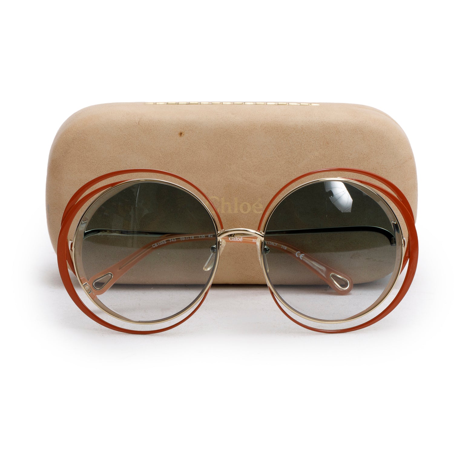 Chloe CE155S Brown Carlina Round Cut-Out Oversize Sunglasses w/ Case