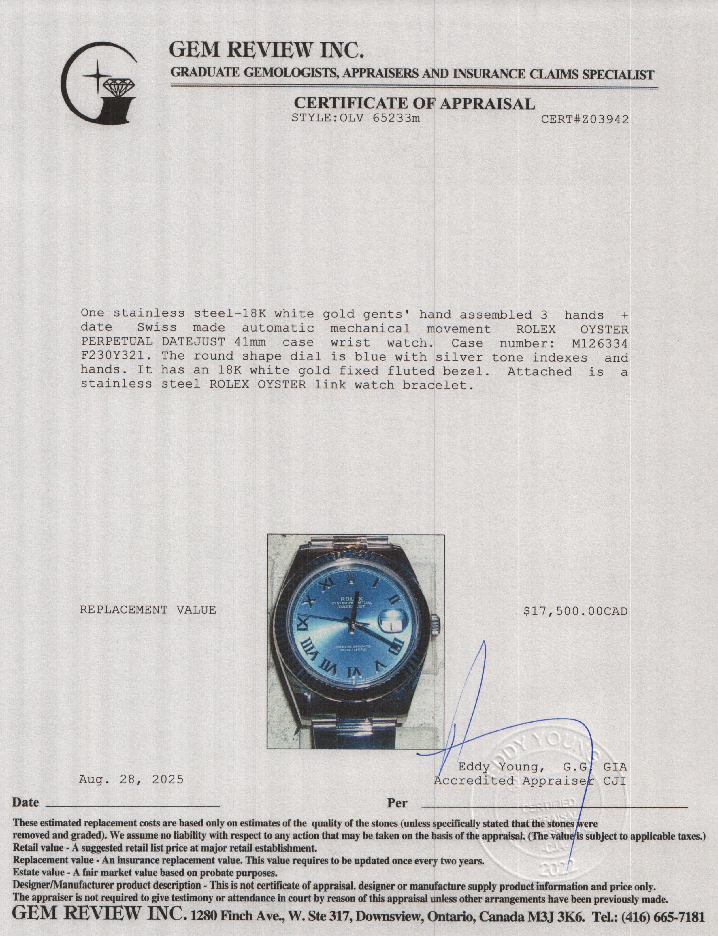 Rolex 2022 Stainless Steel Oyster Perpetual Datejust 41 MM Watch Blue Dial 126334 w/ Box & Papers