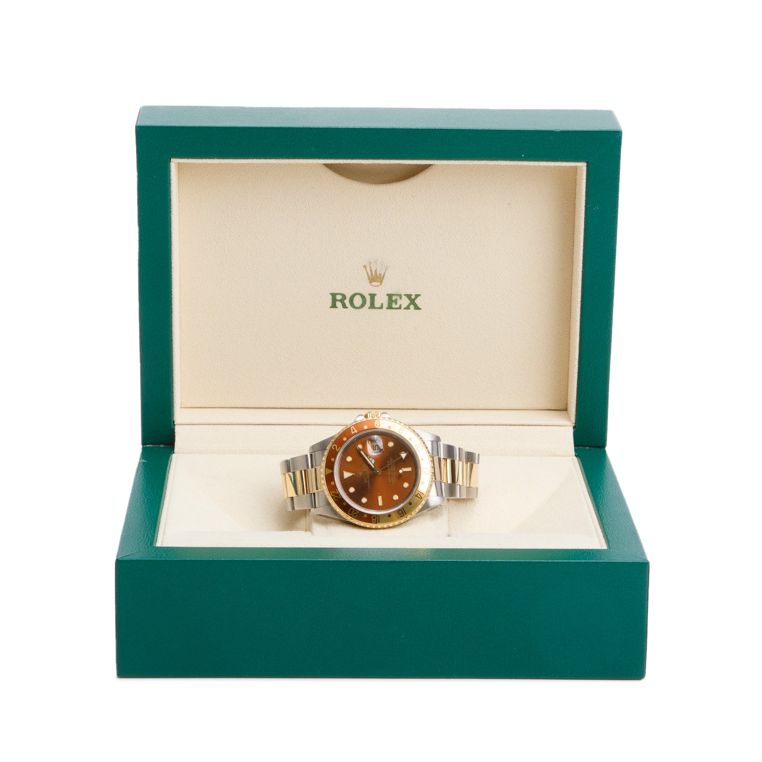 Rolex Stainless Steel & 18k Yellow Gold GMT-Master II Root Beer 40 MM Automatic Watch Chocolate Dial 16713 w/ Box