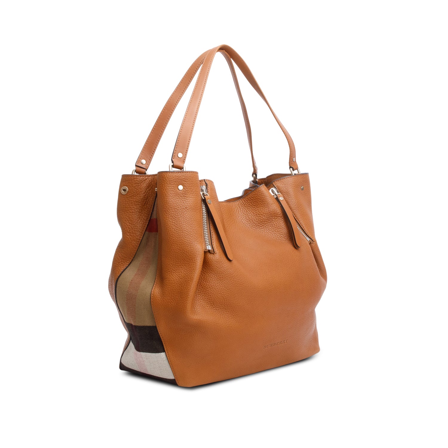 Burberry Brown Grained Leather Canvas Check Medium Maidstone Tote