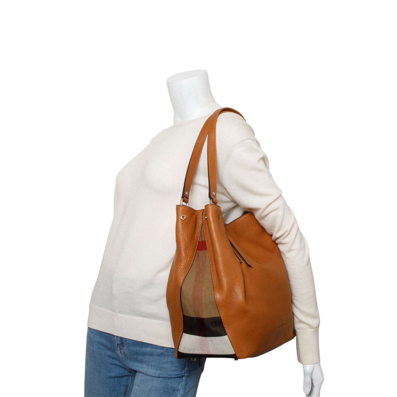 Burberry Brown Grained Leather Canvas Check Medium Maidstone Tote