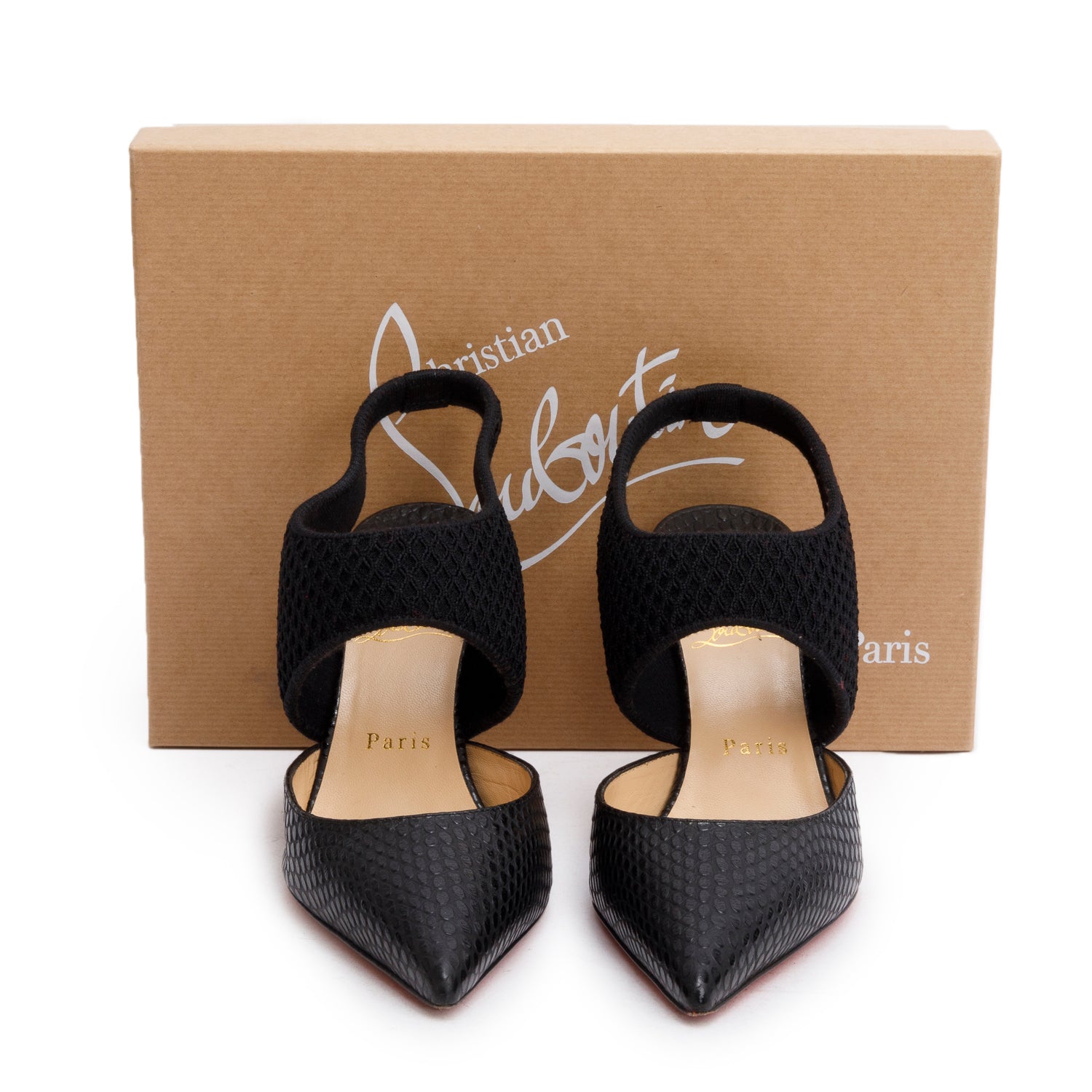 Christian Louboutin Snakeskin Embossed Leather Mesh Georgette Slingback Pumps, Size 37.5 w/ Box